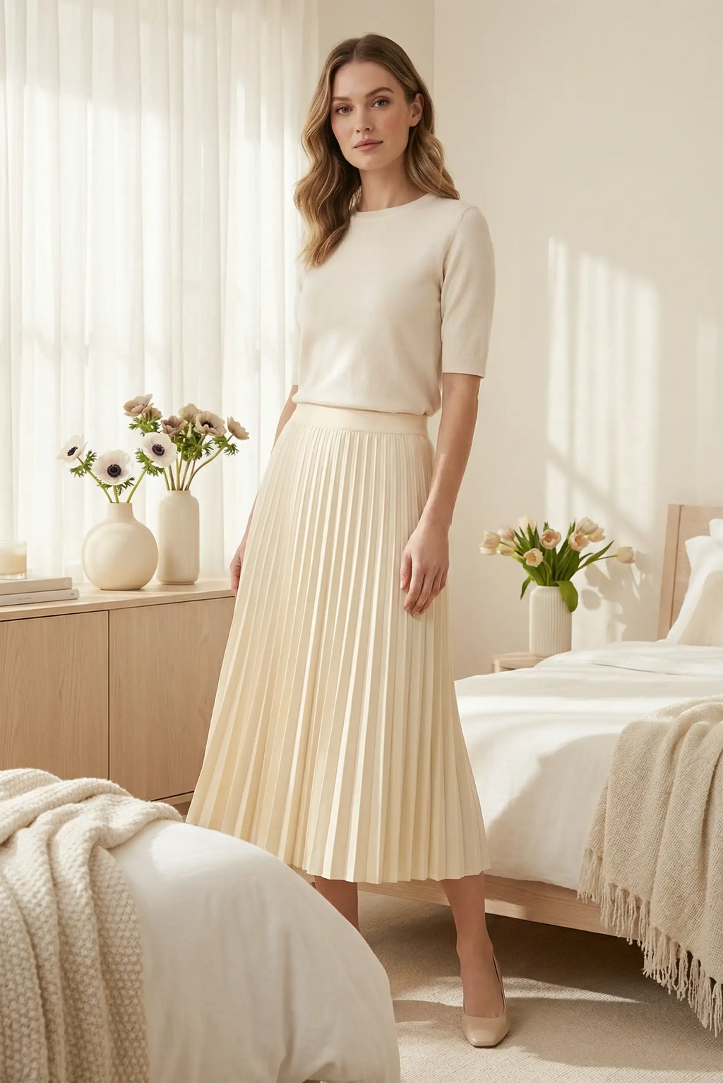 Falda midi plisada beige de punto con cintura lisa ajustable