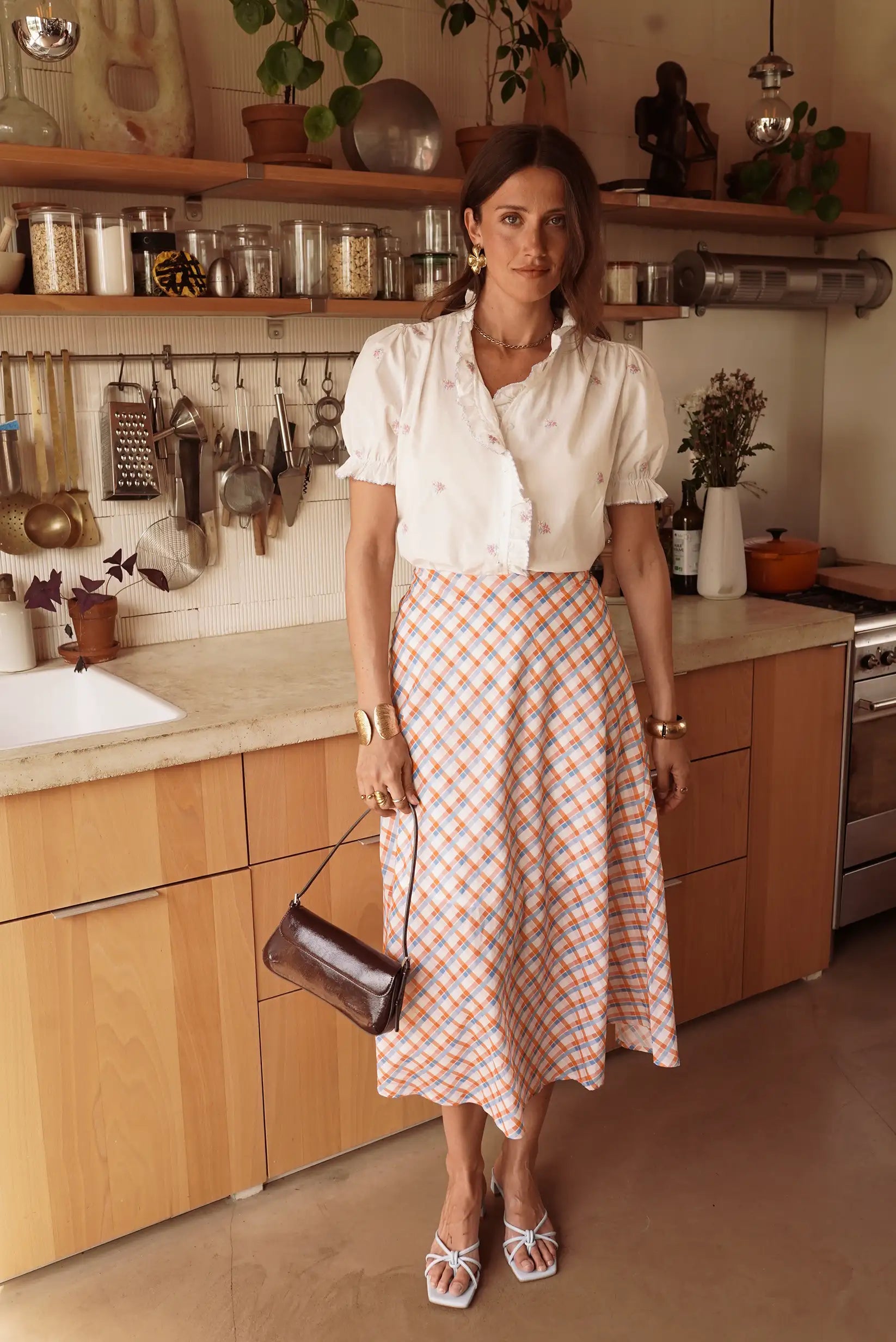 Falda Larga Mujer Cuadros Vichy Naranja y Azul 100% Algodón