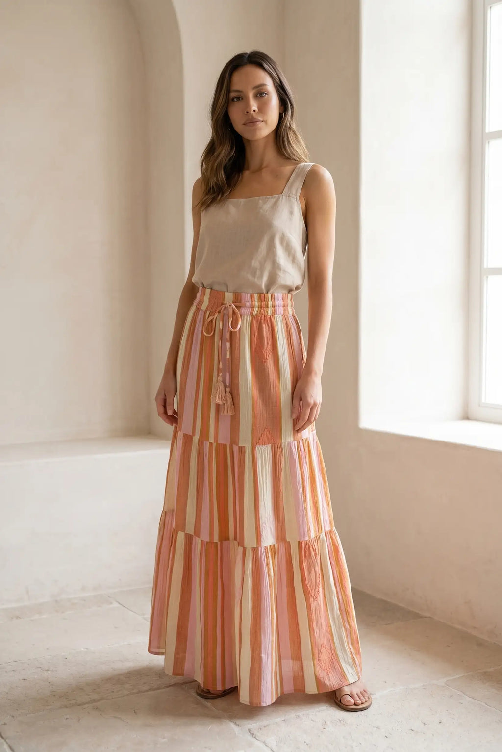 Falda Larga Mujer Rayas Coral y Rosa