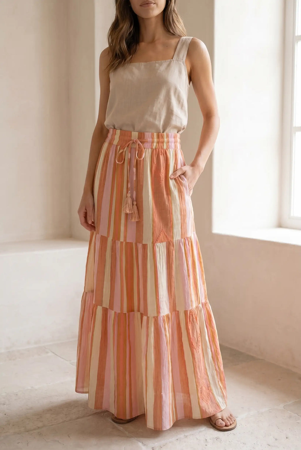 Falda Larga Mujer Rayas Coral y Rosa