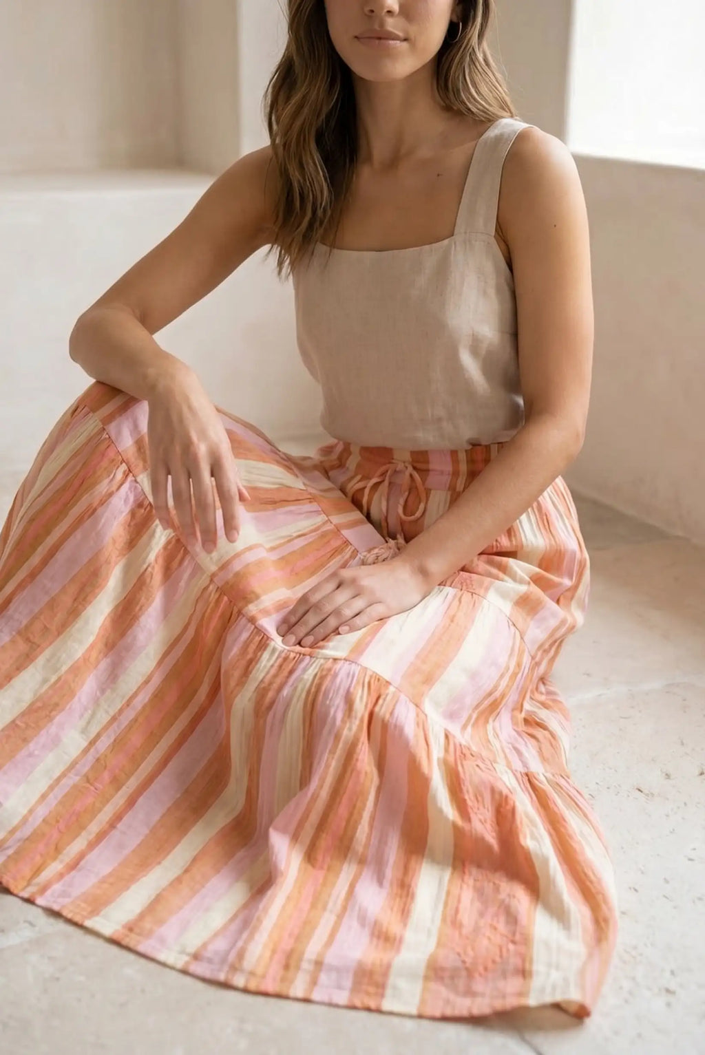 Falda Larga Mujer Rayas Coral y Rosa