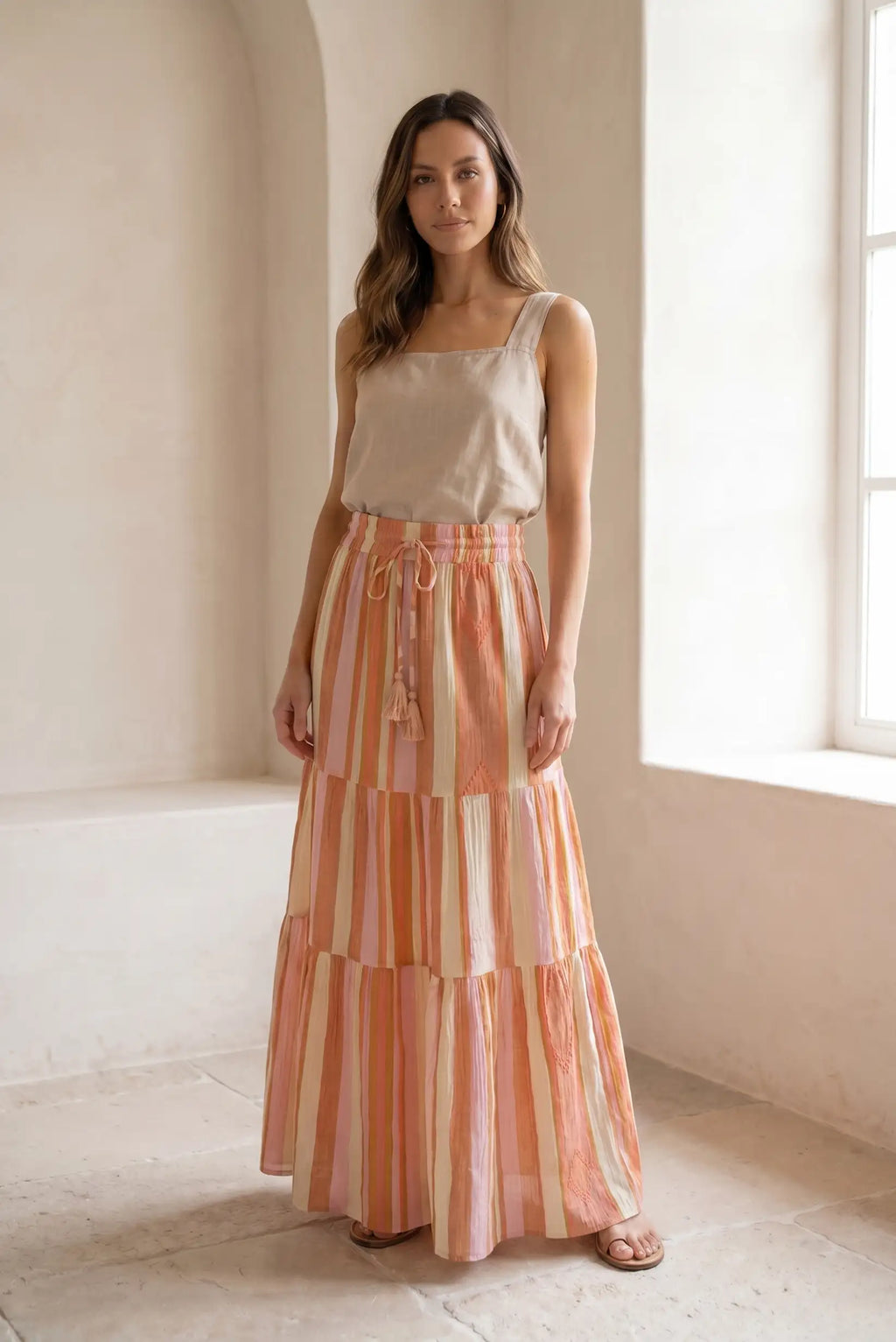 Falda Larga Mujer Rayas Coral y Rosa