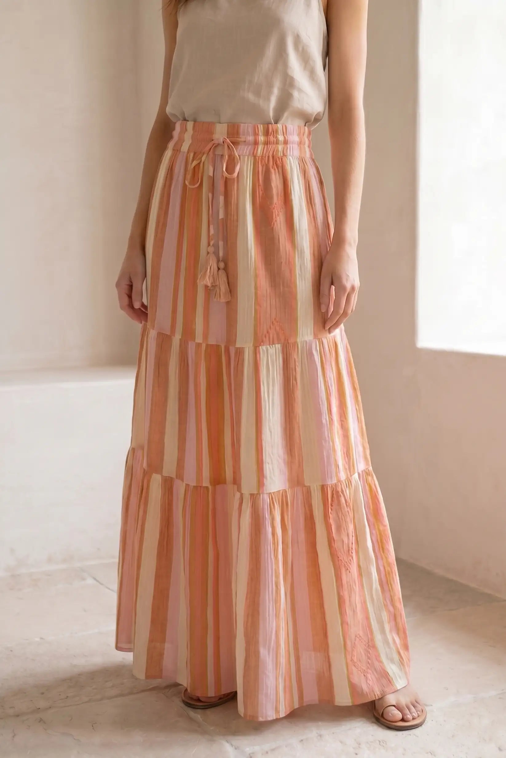 Falda Larga Mujer Rayas Coral y Rosa