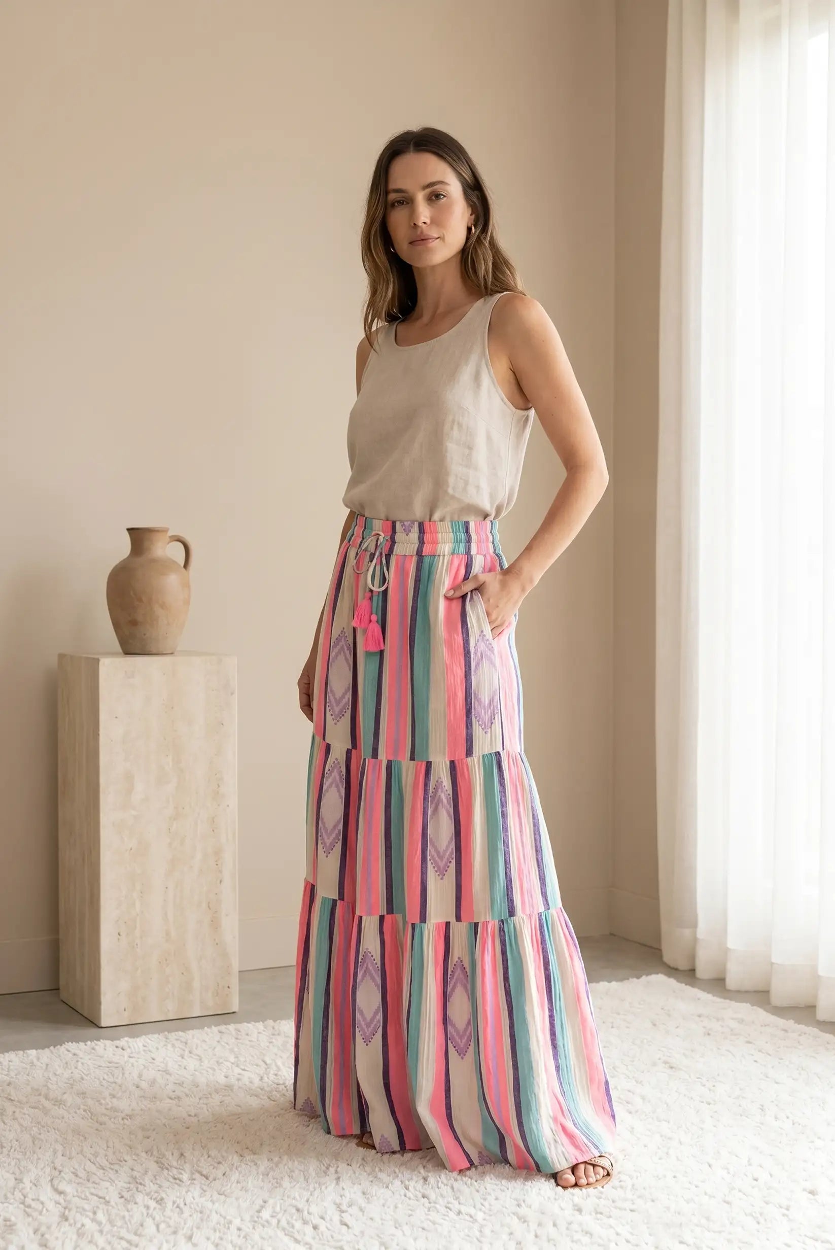 Falda Larga Mujer Rayas Multicolor rosa verde