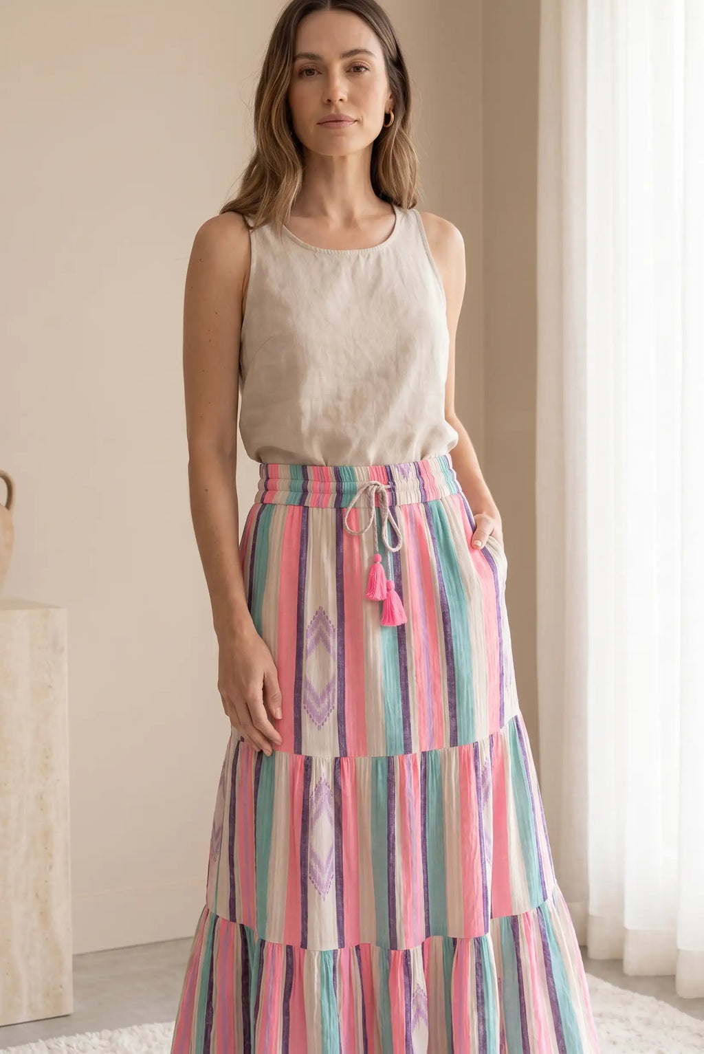 Falda Larga Mujer Rayas Multicolor rosa verde