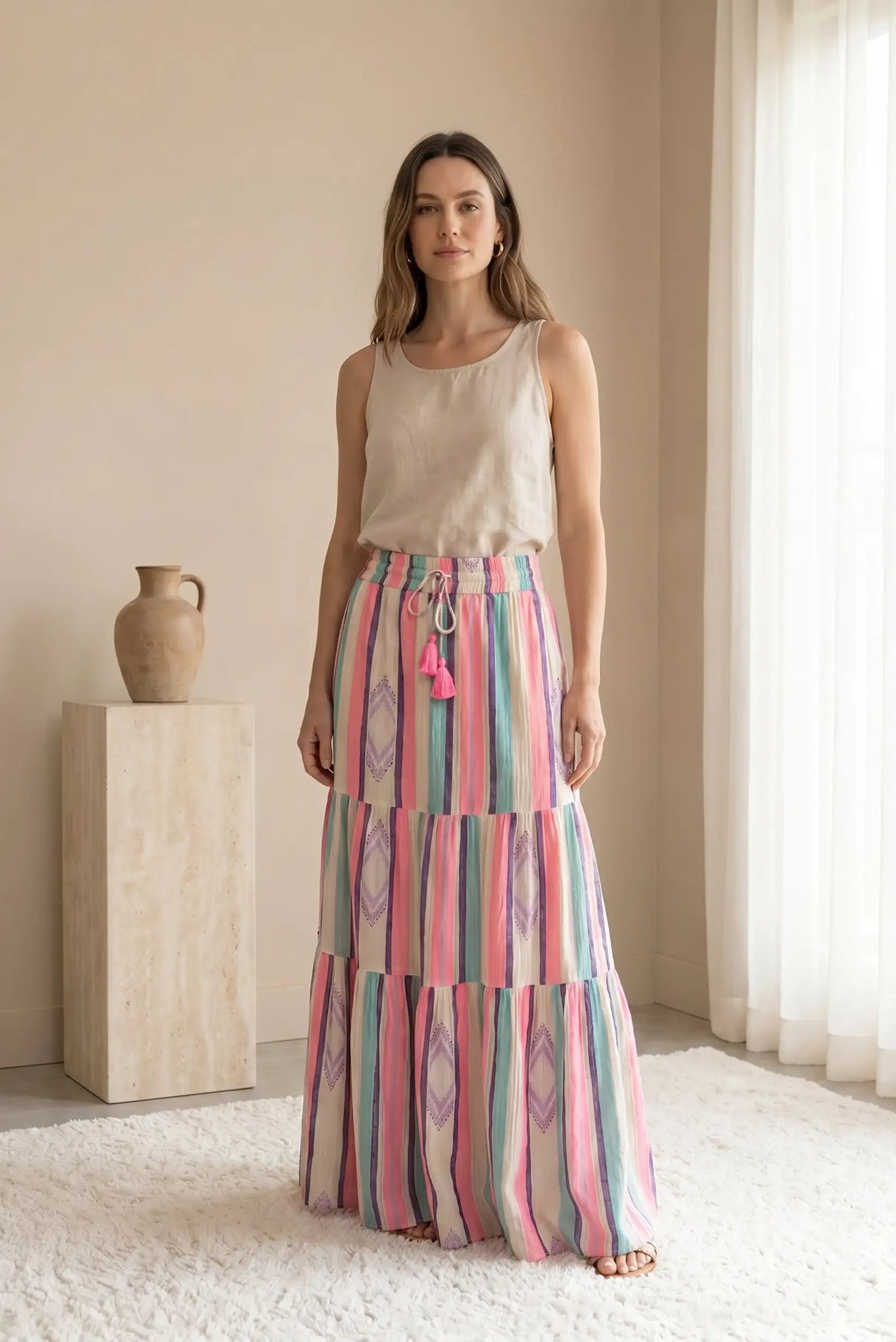 Falda Larga Mujer Rayas Multicolor rosa verde
