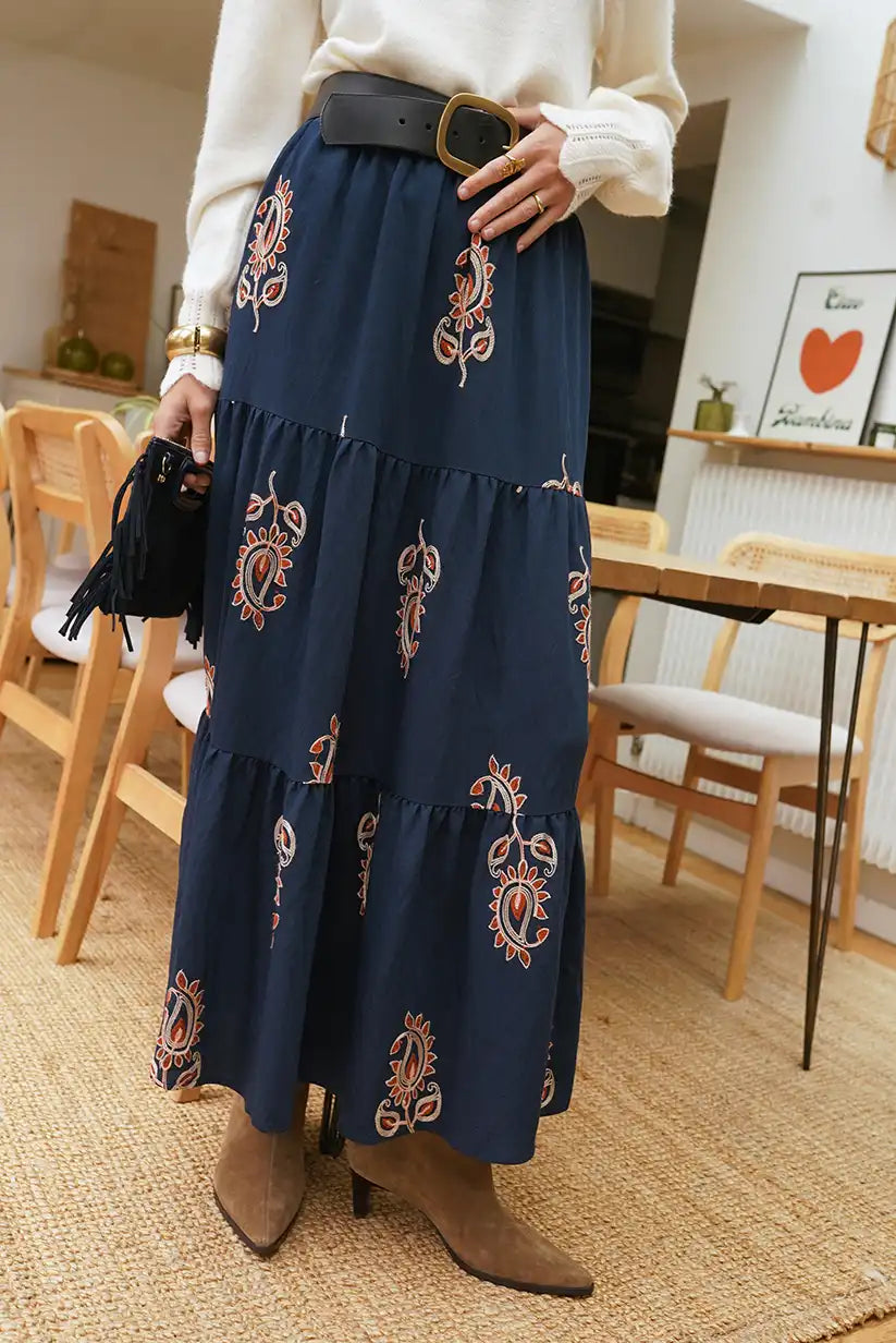 Falda Larga Azul Marino Bordada Mujer Estilo Bohemio Elegante