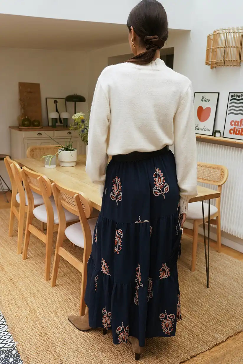 Falda Larga Azul Marino Bordada Mujer Estilo Bohemio Elegante