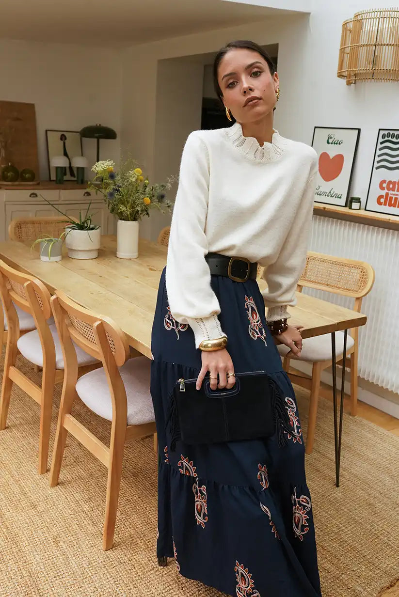 Falda Larga Azul Marino Bordada Mujer Estilo Bohemio Elegante
