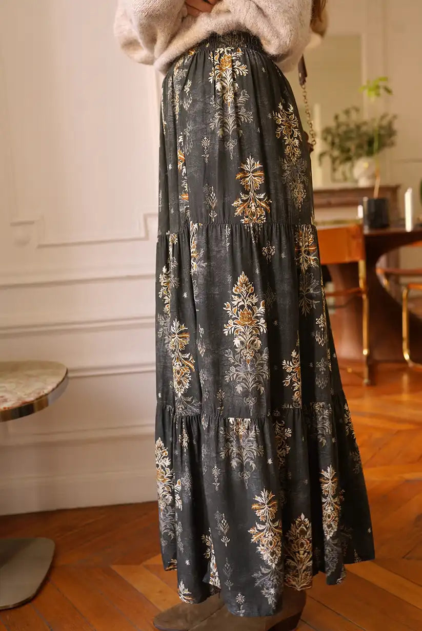 Falda Larga Boho Gris Floral Dorado Corte Evasé Mujer Elegante