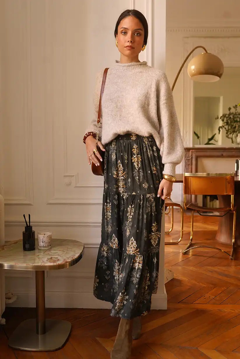 Falda Larga Boho Gris Floral Dorado Corte Evasé Mujer Elegante