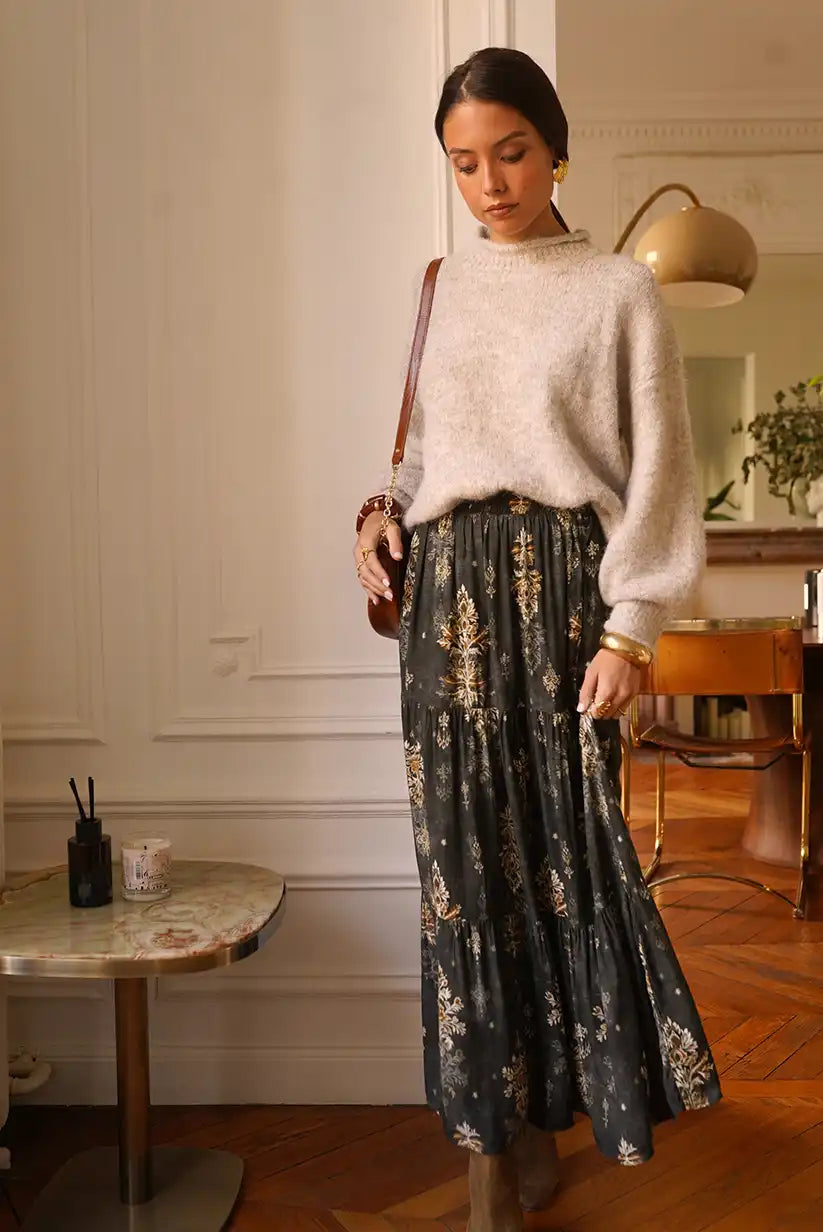 Falda Larga Boho Gris Floral Dorado Corte Evasé Mujer Elegante