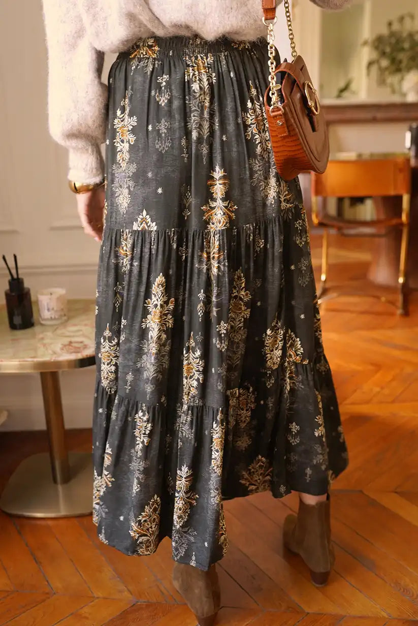 Falda Larga Boho Gris Floral Dorado Corte Evasé Mujer Elegante
