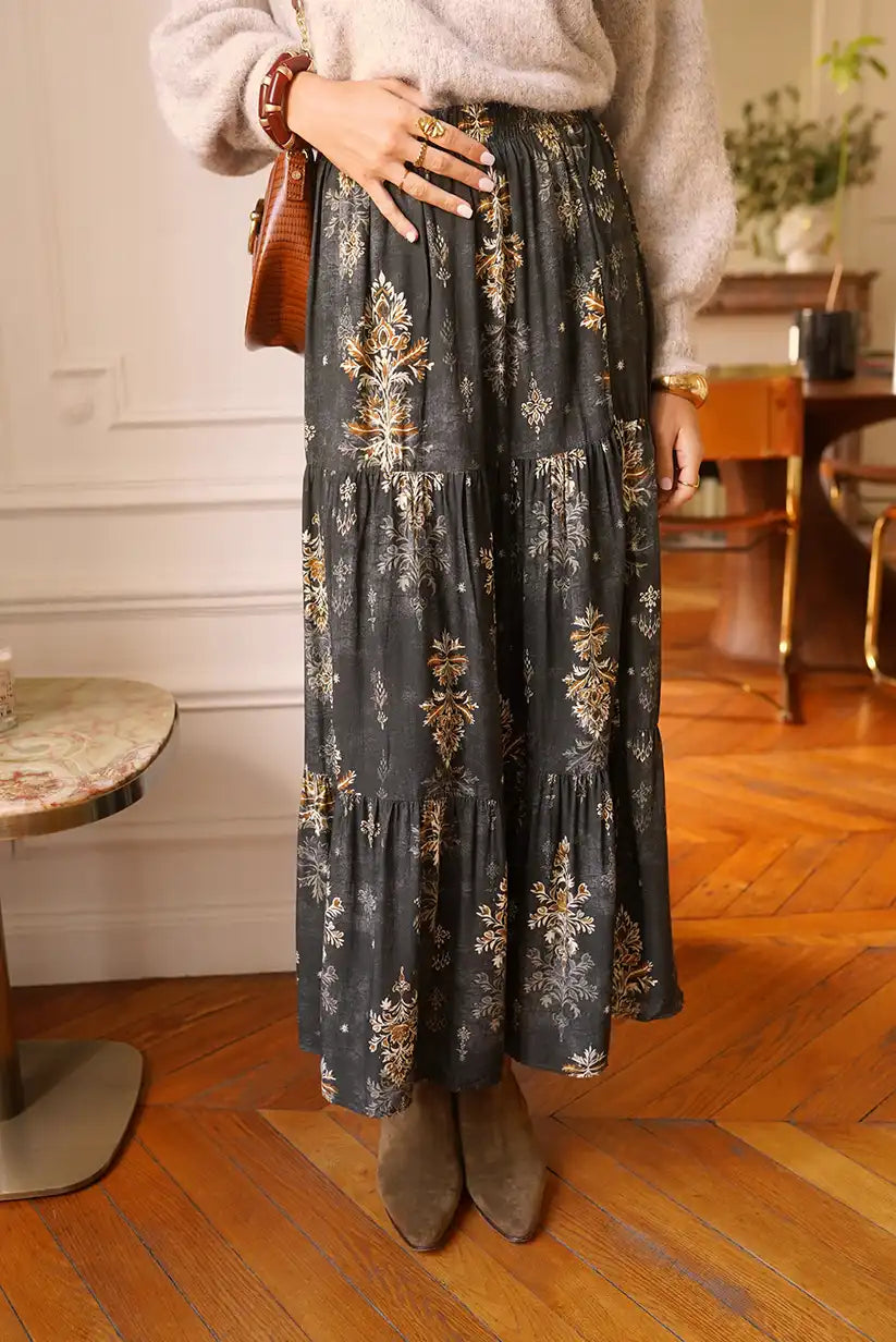 Falda Larga Boho Gris Floral Dorado Corte Evasé Mujer Elegante