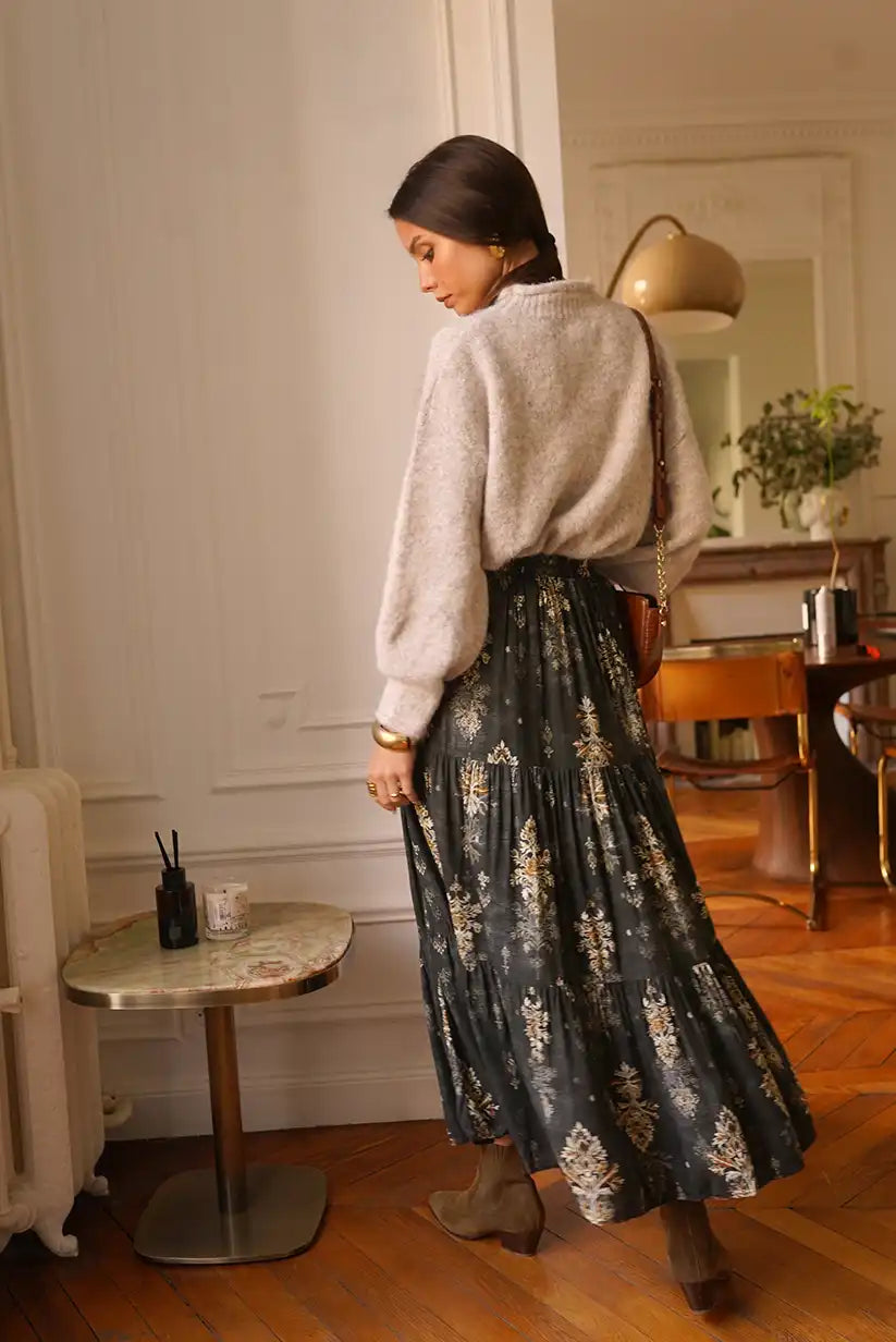 Falda Larga Boho Gris Floral Dorado Corte Evasé Mujer Elegante