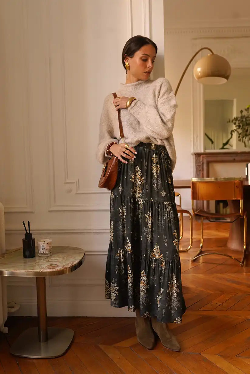 Falda Larga Boho Gris Floral Dorado Corte Evasé Mujer Elegante