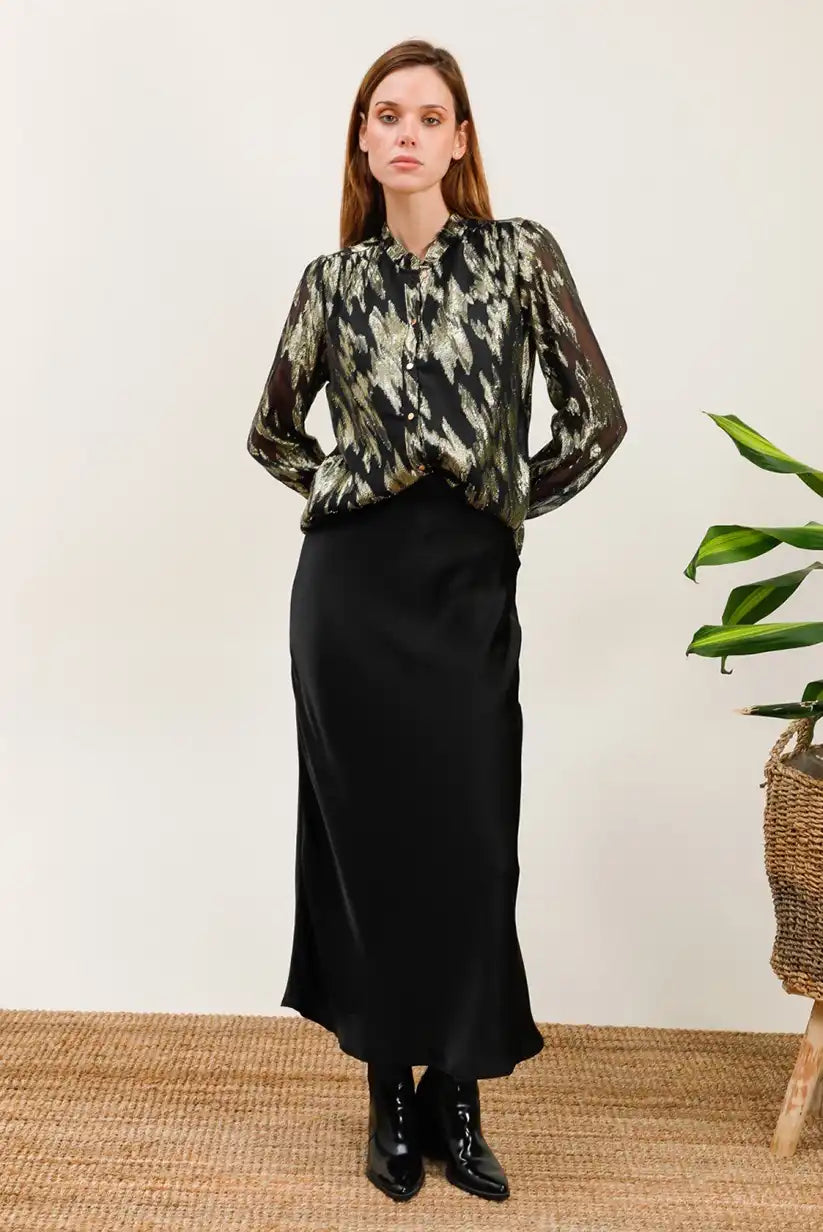 Falda Satinada Negra Midi Cintura Alta Elegante Mujer Versátil