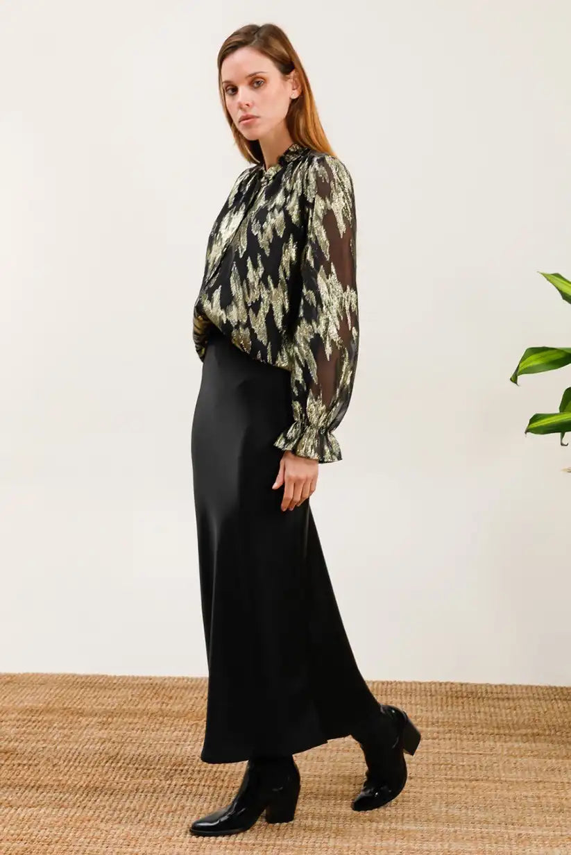 Falda Satinada Negra Midi Cintura Alta Elegante Mujer Versátil