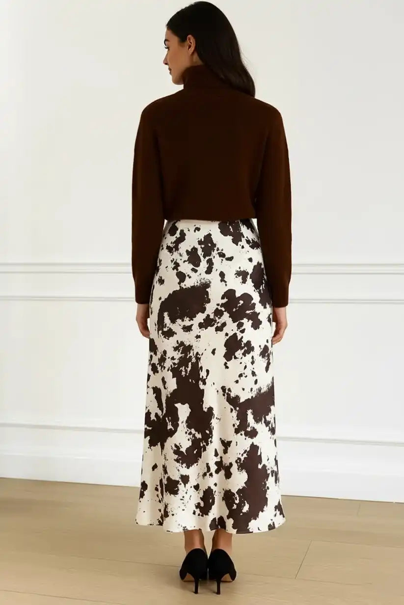 Falda Satinada Midi Animal Print Chocolate Cintura Alta Elegante