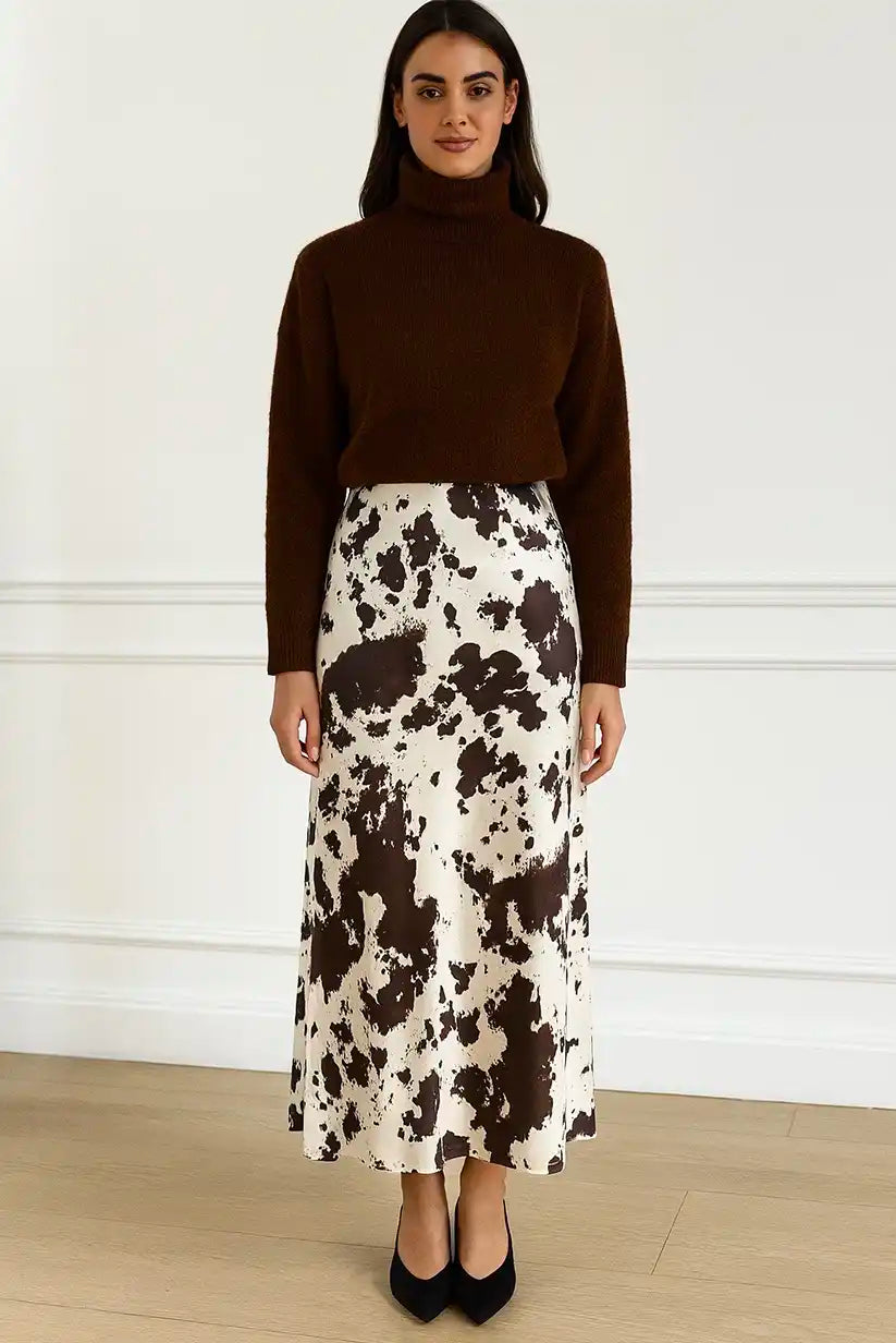 Falda Satinada Midi Animal Print Chocolate Cintura Alta Elegante