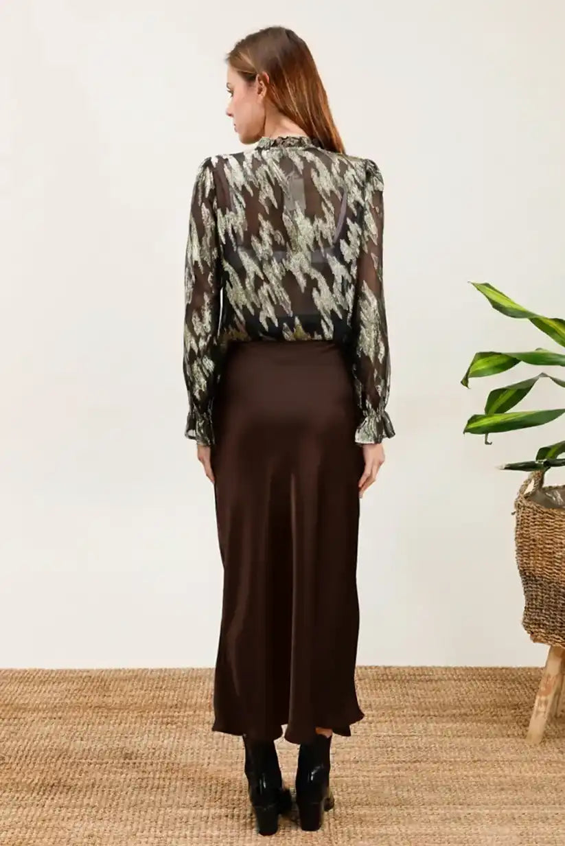 Falda Satinada Marrón Chocolate Midi Corte A Cintura Alta Elegante