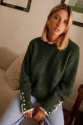Jersey verde mujer con encaje y botones dorados elegante otoño