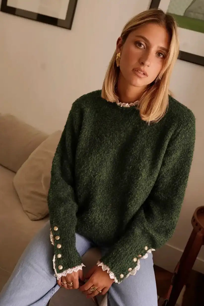 Jersey verde mujer con encaje y botones dorados elegante otoño