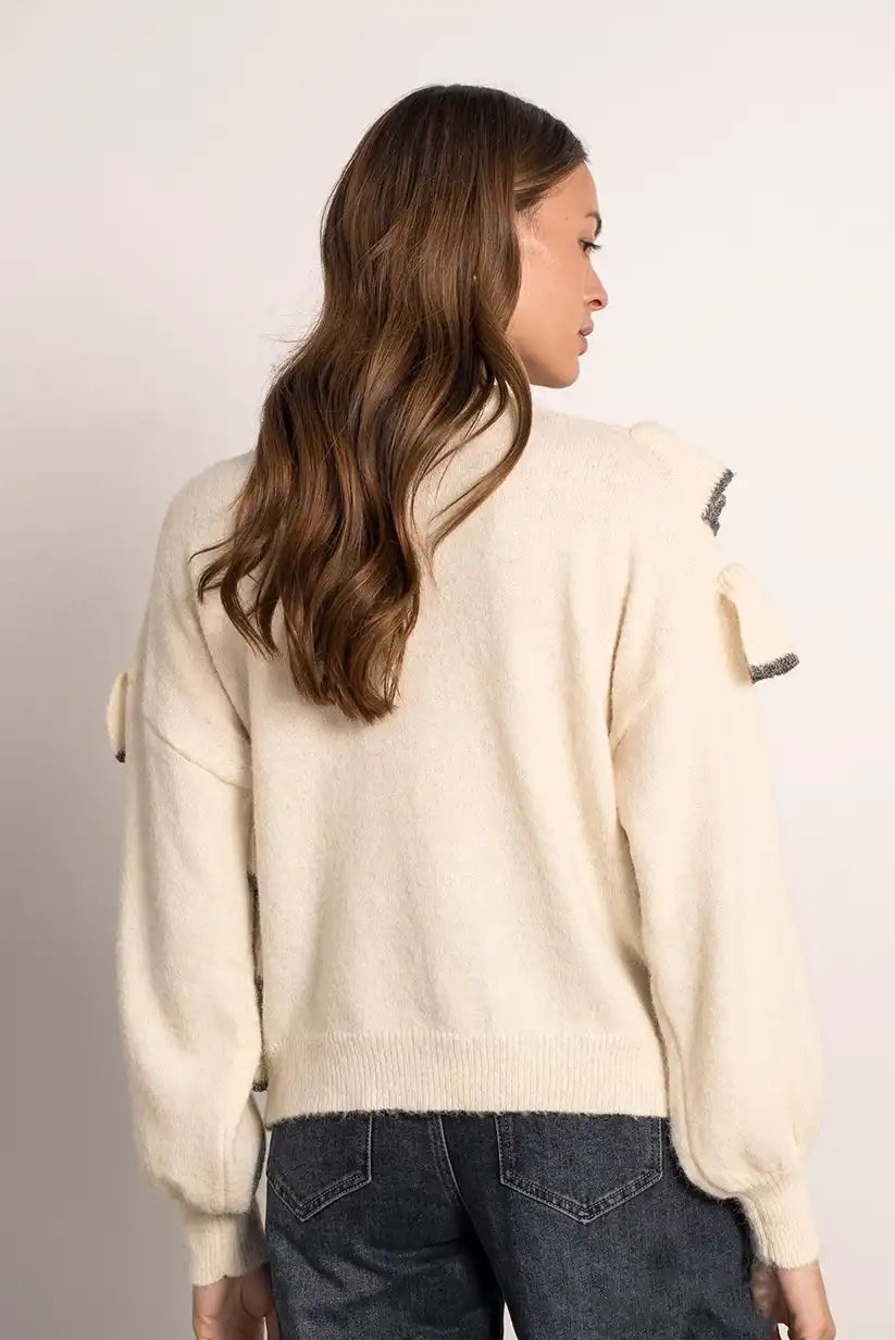 Jersey Beige Mujer con Ondas Grises y Bordados Elegante Cálido