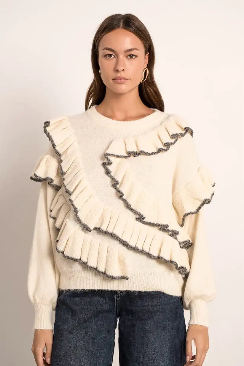 Jersey Beige Mujer con Ondas Grises y Bordados Elegante Cálido