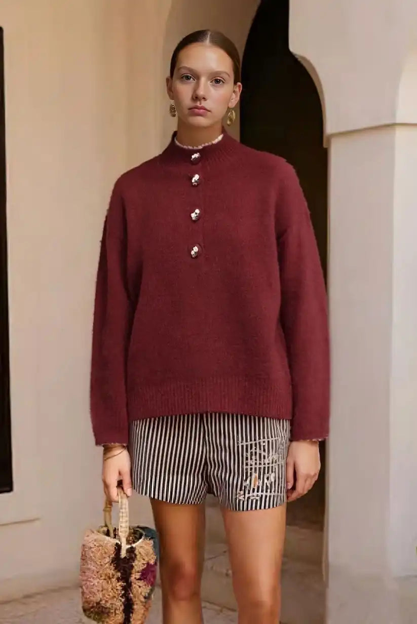 Jersey burdeos con botones – Talla única, suave y elegante