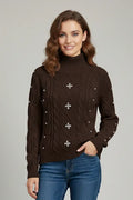 Jersey Mujer Marrón Chocolate con Brillantes Bordados Elegante