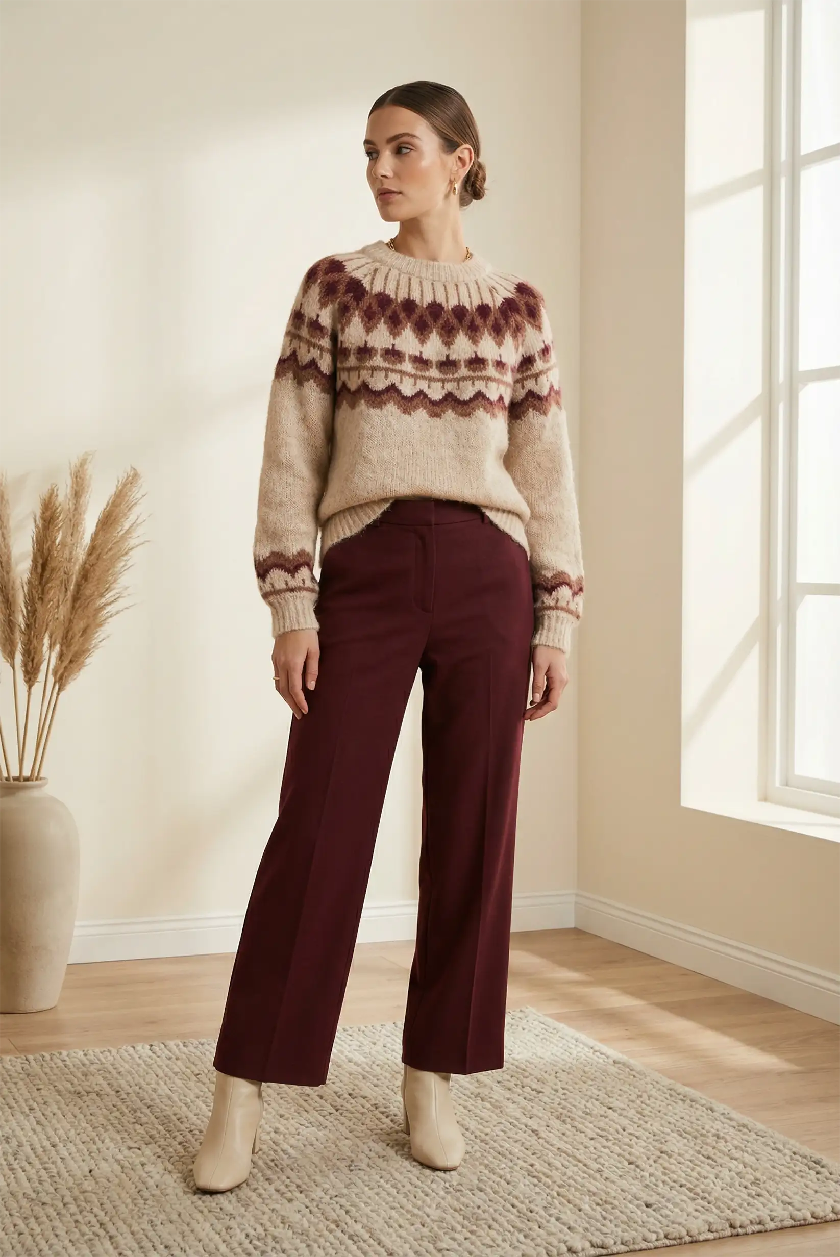 Jersey de punto beige con dibujo en burdeos