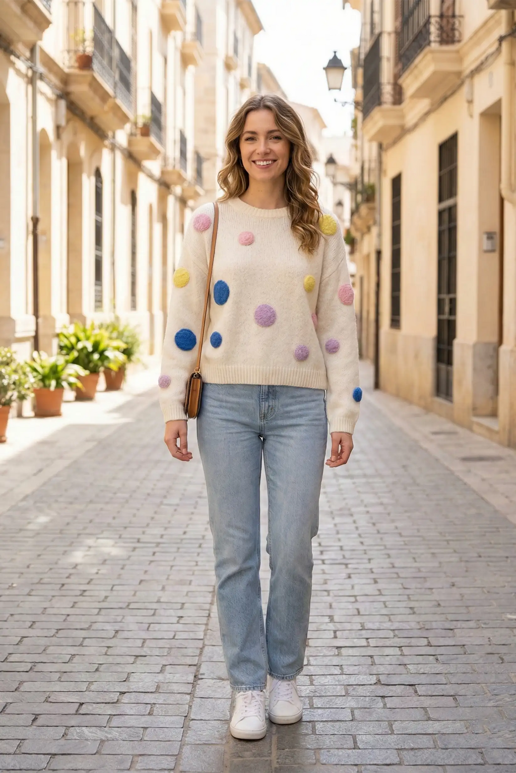 Jersey de mujer beige con círculos en relieve multicolor pastel