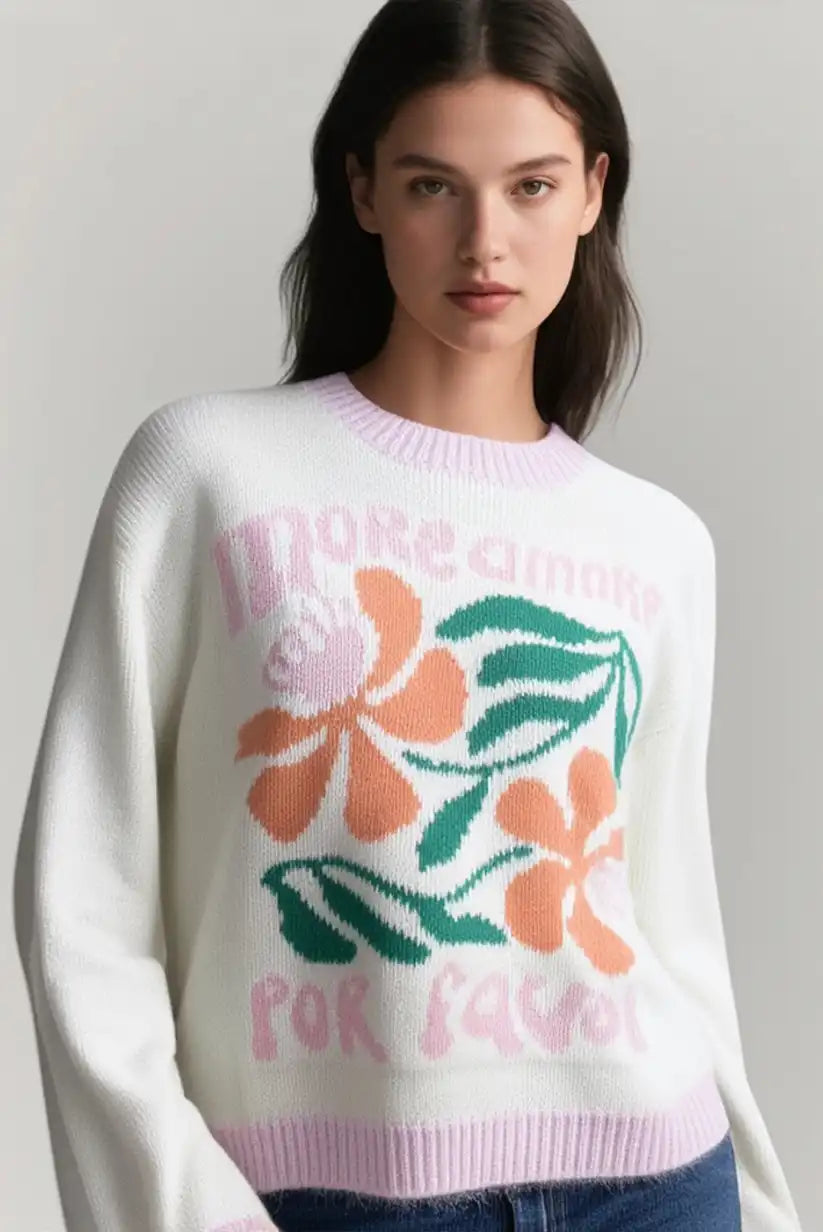 Jersey Mujer Beige Casual Chic con Mensaje Bordado More Amore