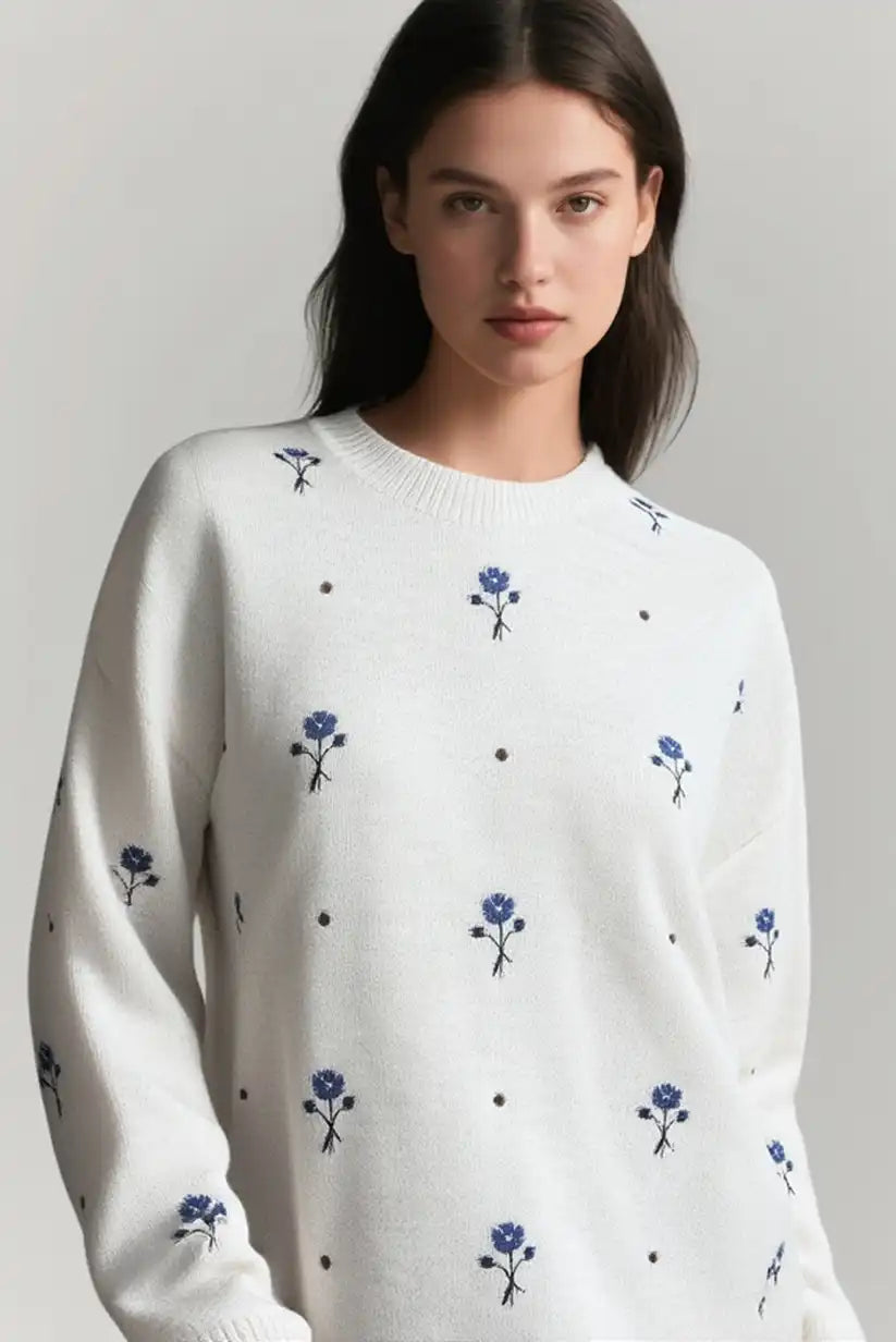 Jersey Mujer Beige Flores Azules Romántico Cálido Talla Única