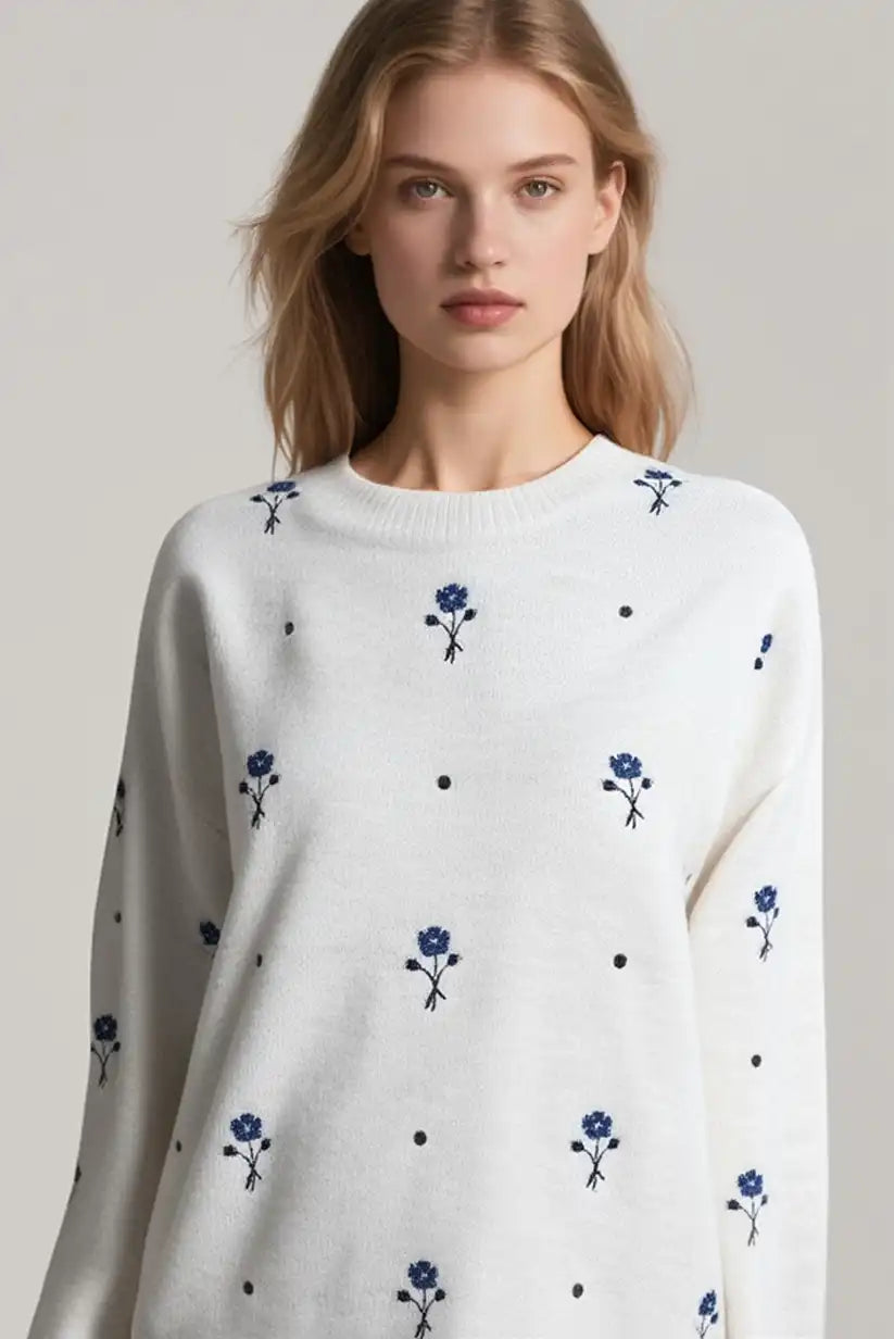 Jersey Mujer Beige Flores Azules Romántico Cálido Talla Única