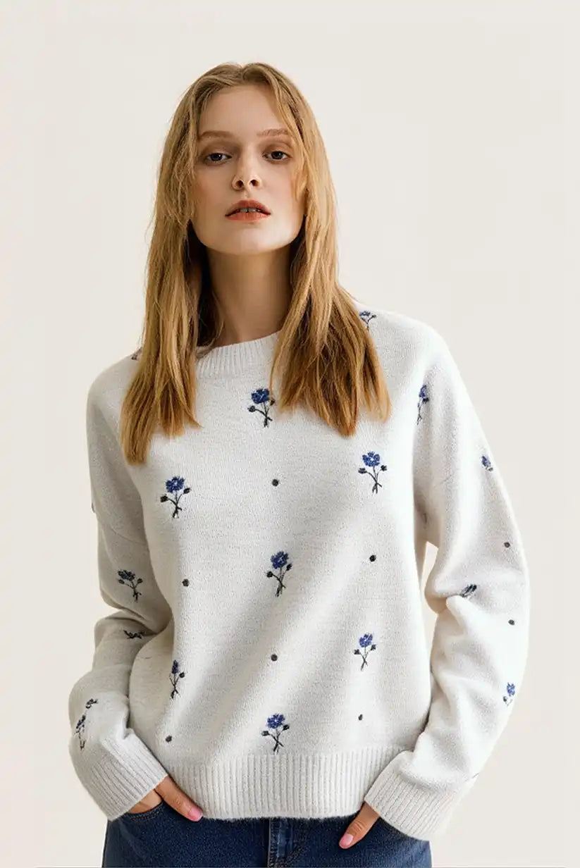 Jersey Mujer Beige Flores Azules Romántico Cálido Talla Única
