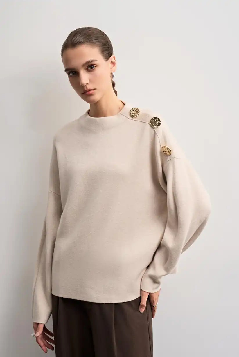 Jersey Mujer Beige Botones Dorados Hombro Elegante y Versátil