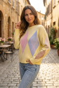 Jersey de punto ligero mujer amarillo suave con rombos pastel