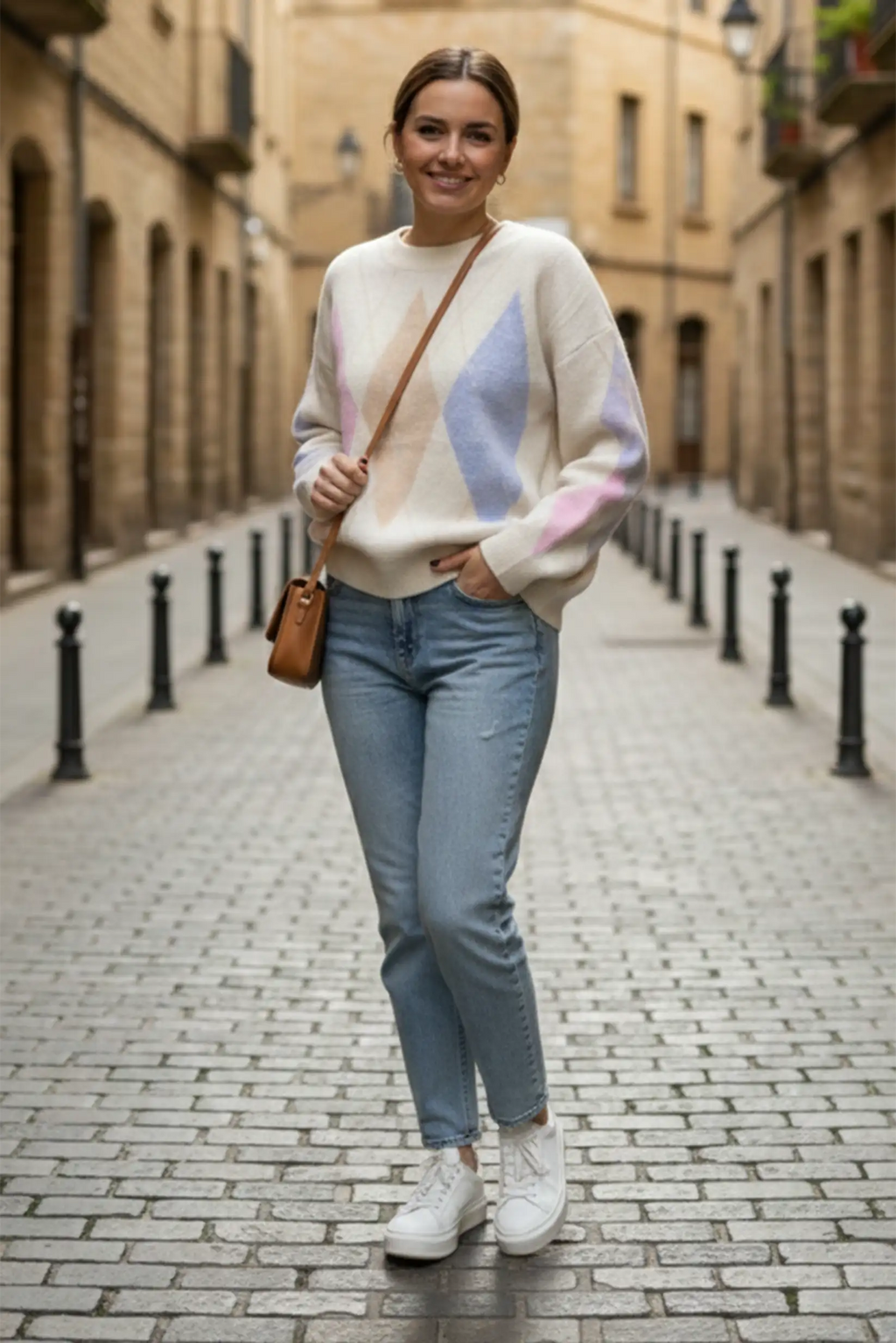 Jersey de punto suave mujer crudo con rombos pastel de entretiempo