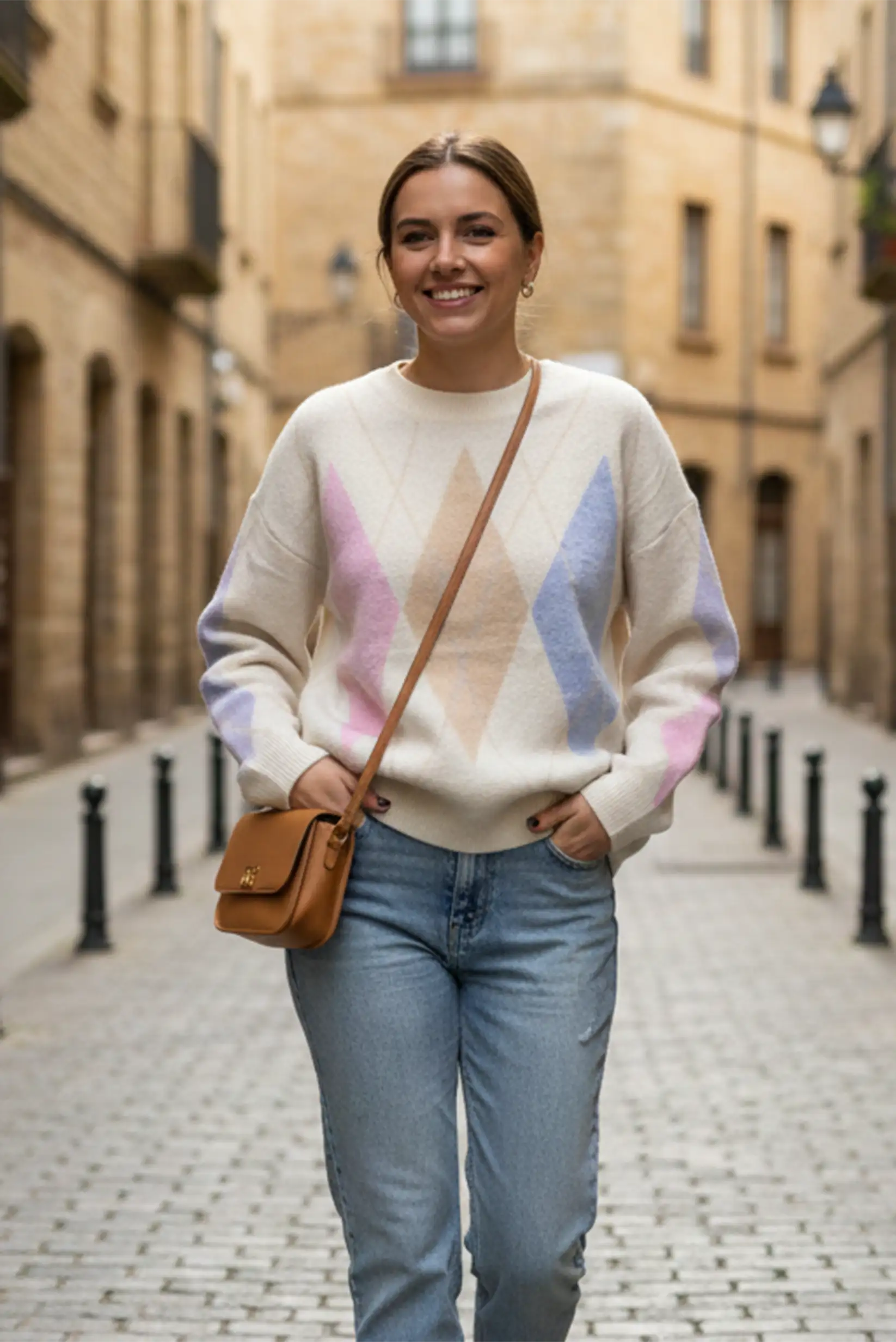 Jersey de punto suave mujer crudo con rombos pastel de entretiempo