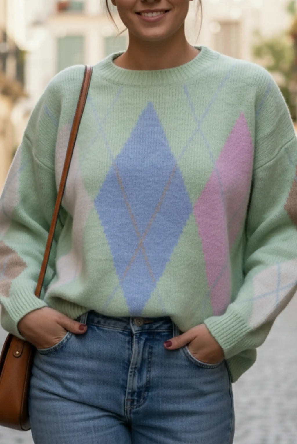 Jersey mujer punto suave verde menta con rombos pastel