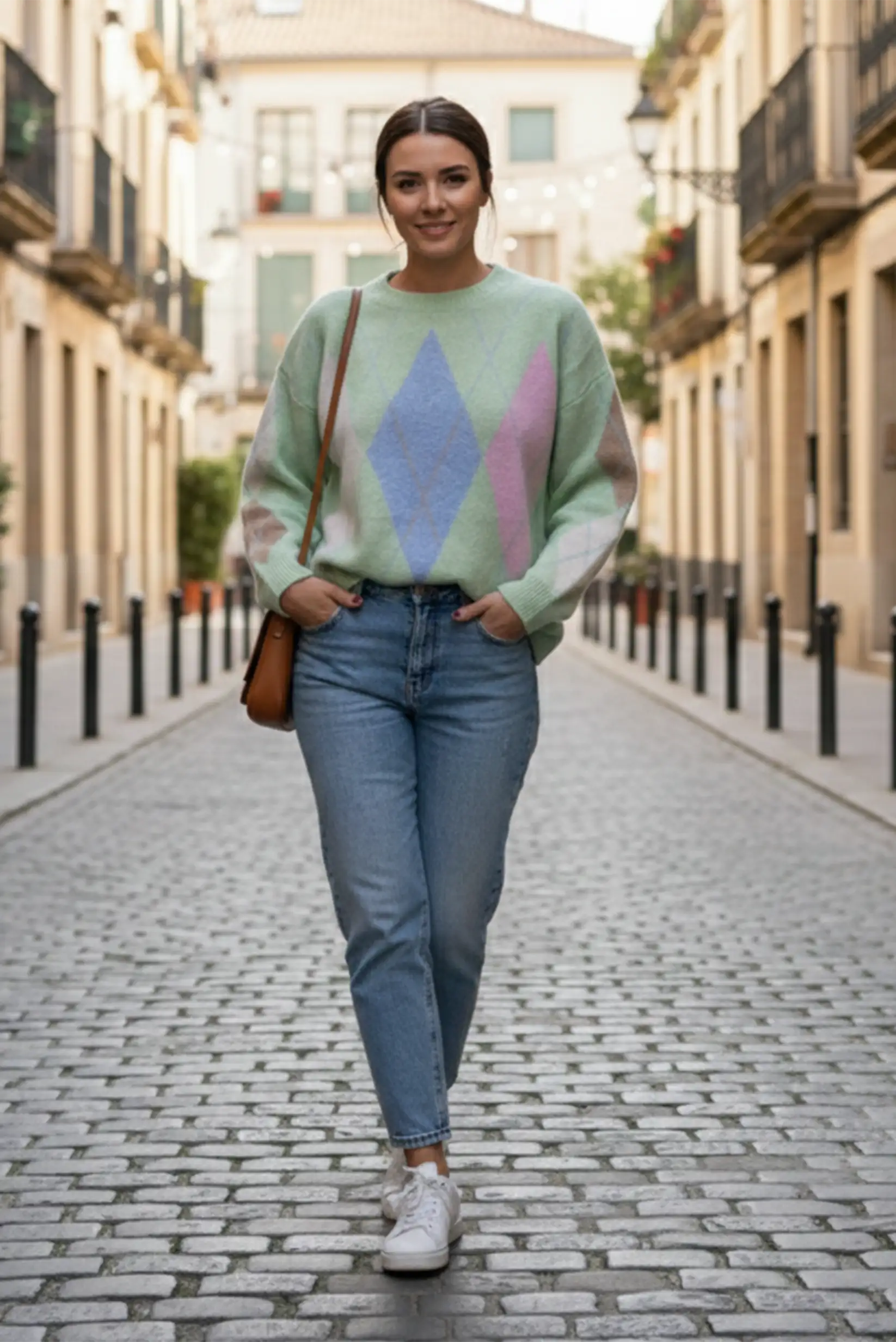 Jersey mujer punto suave verde menta con rombos pastel