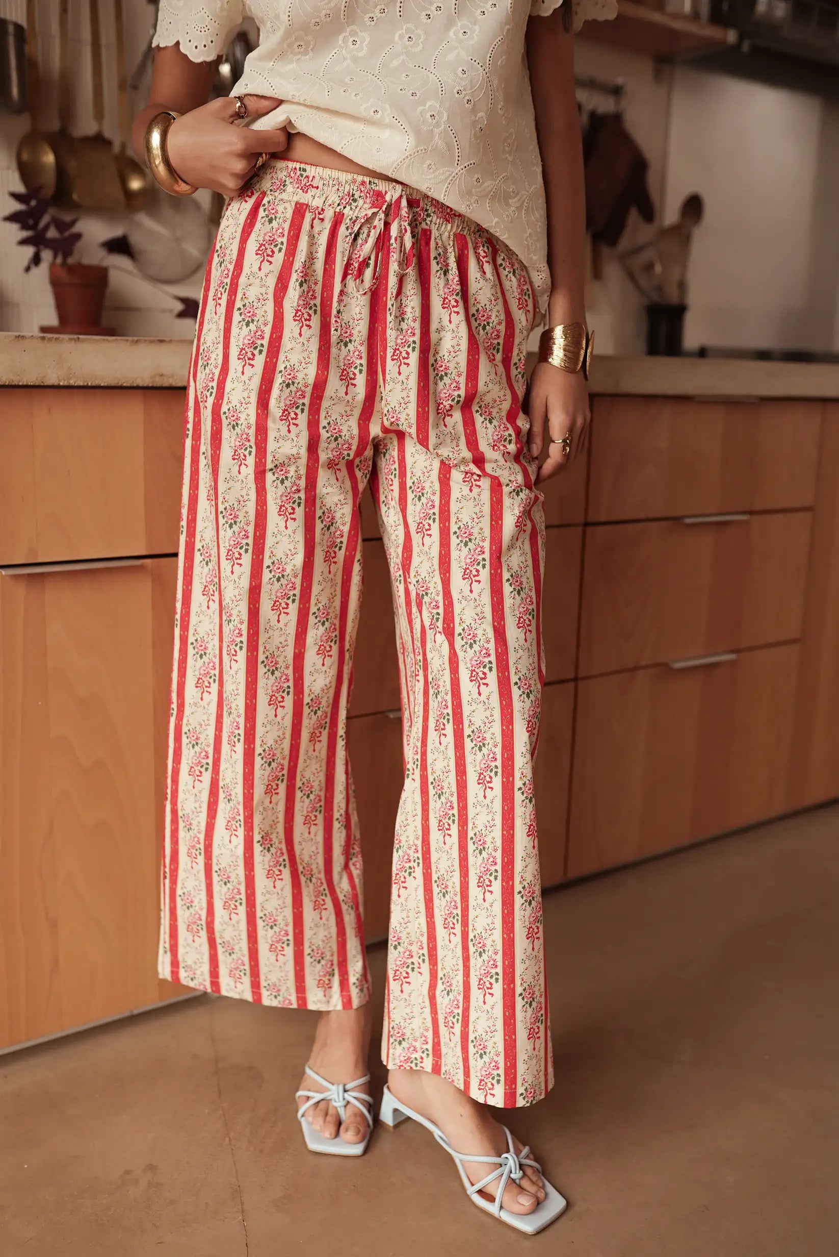Pantalón Fluido Mujer Estampado Floral Rojo Algodón