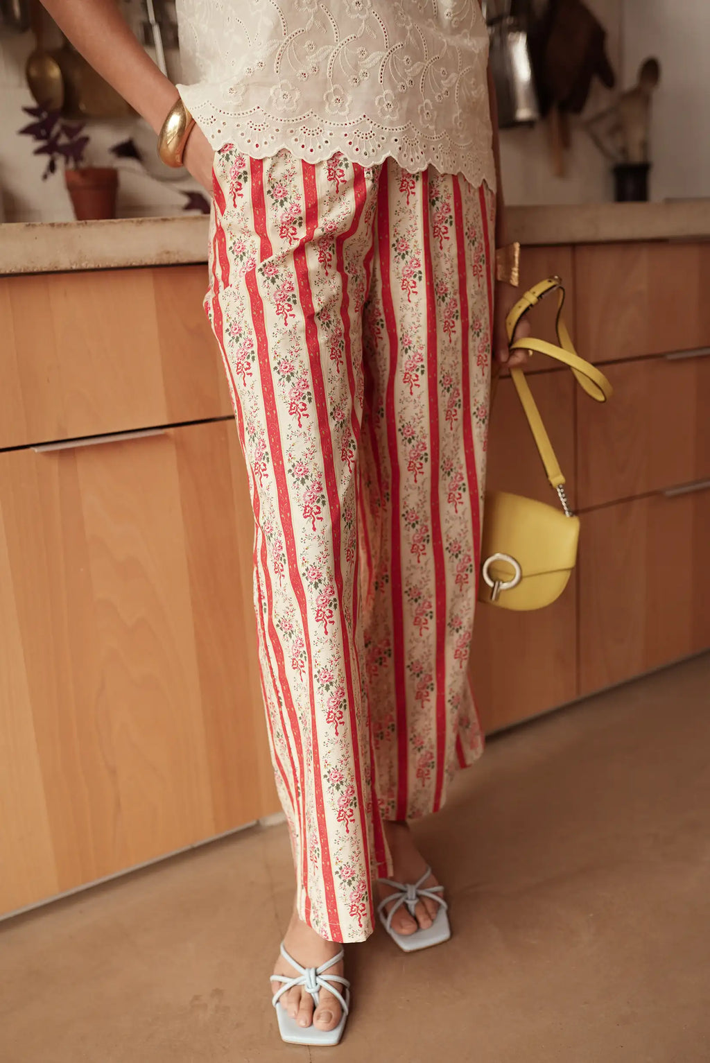 Pantalón Fluido Mujer Estampado Floral Rojo Algodón