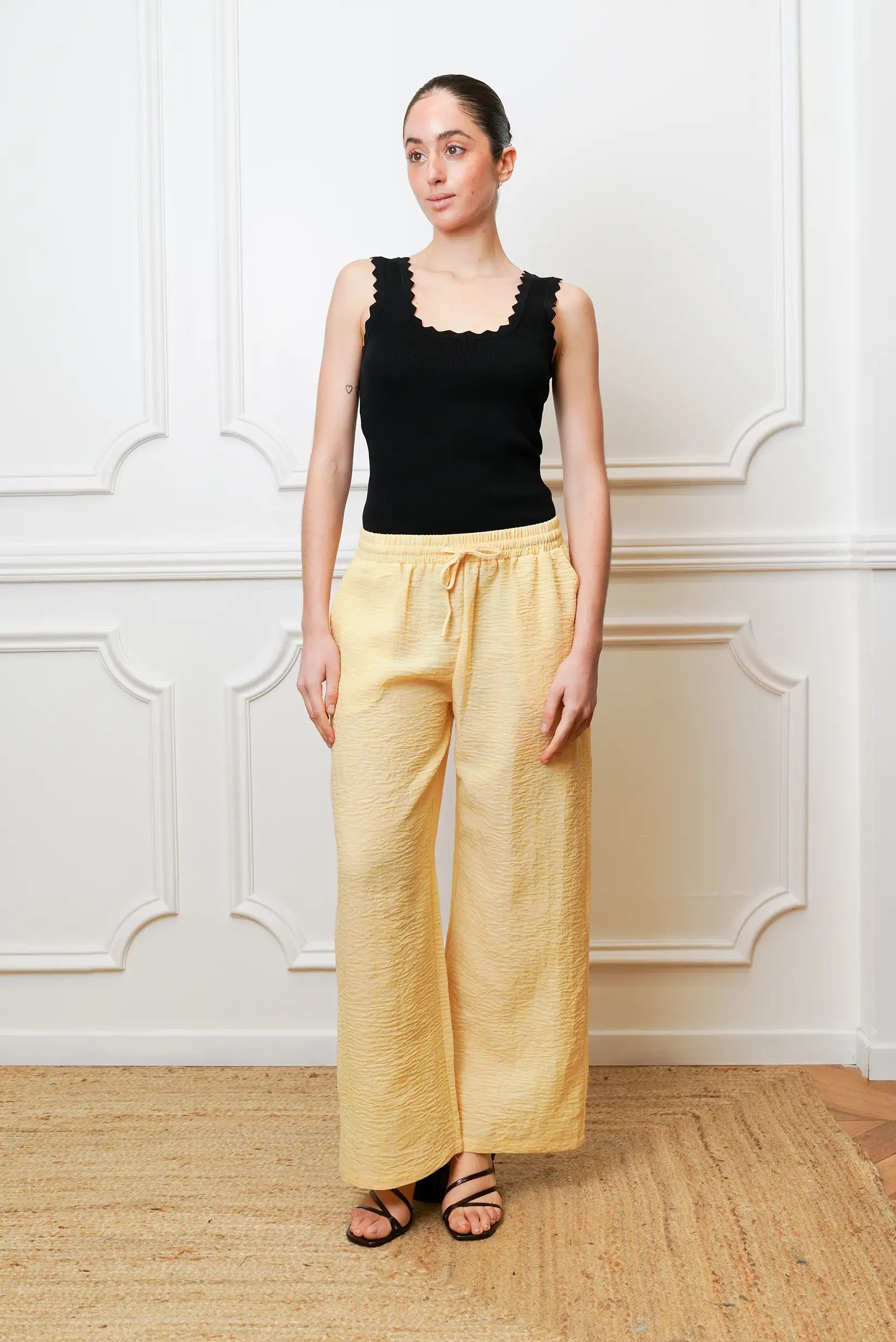 Pantalón Mujer Amarillo Fluido Tipo Lino | Pantalón Primavera Cómodo