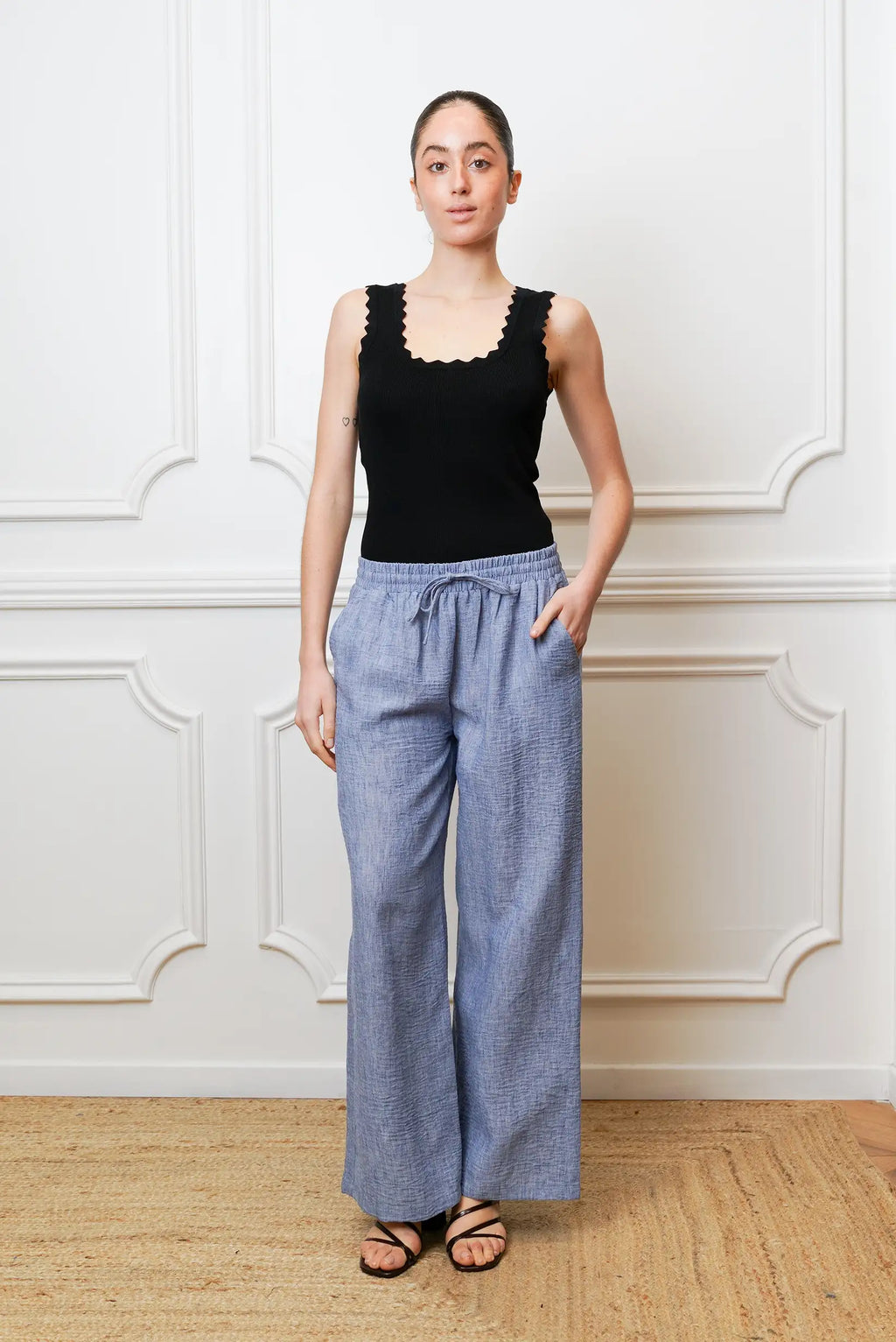 Pantalón Mujer Azul Fluido Tipo Lino | Pantalón Primavera Cómodo