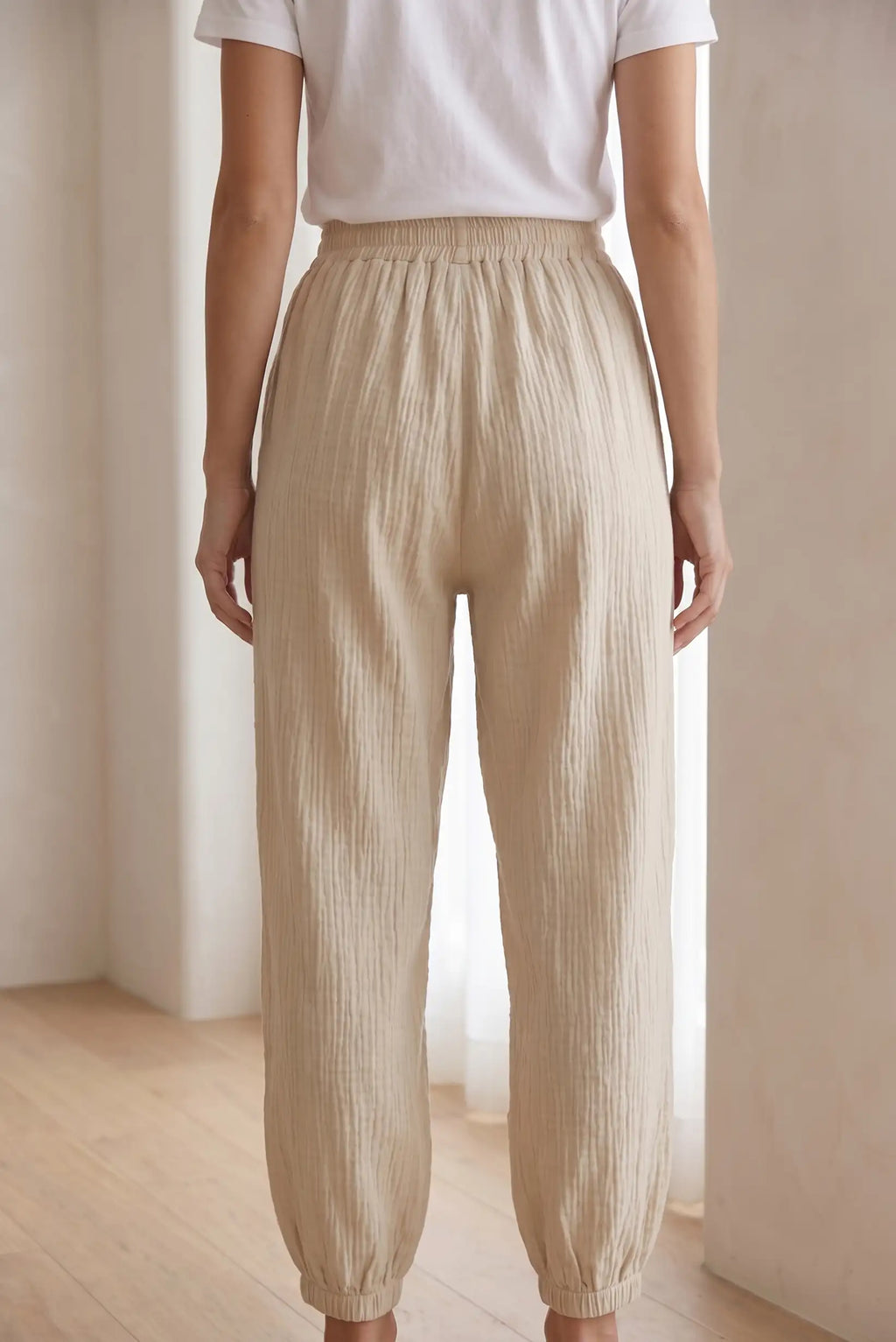 Pantalón Mujer Bombacho Largo Beige Claro Fluido Verano