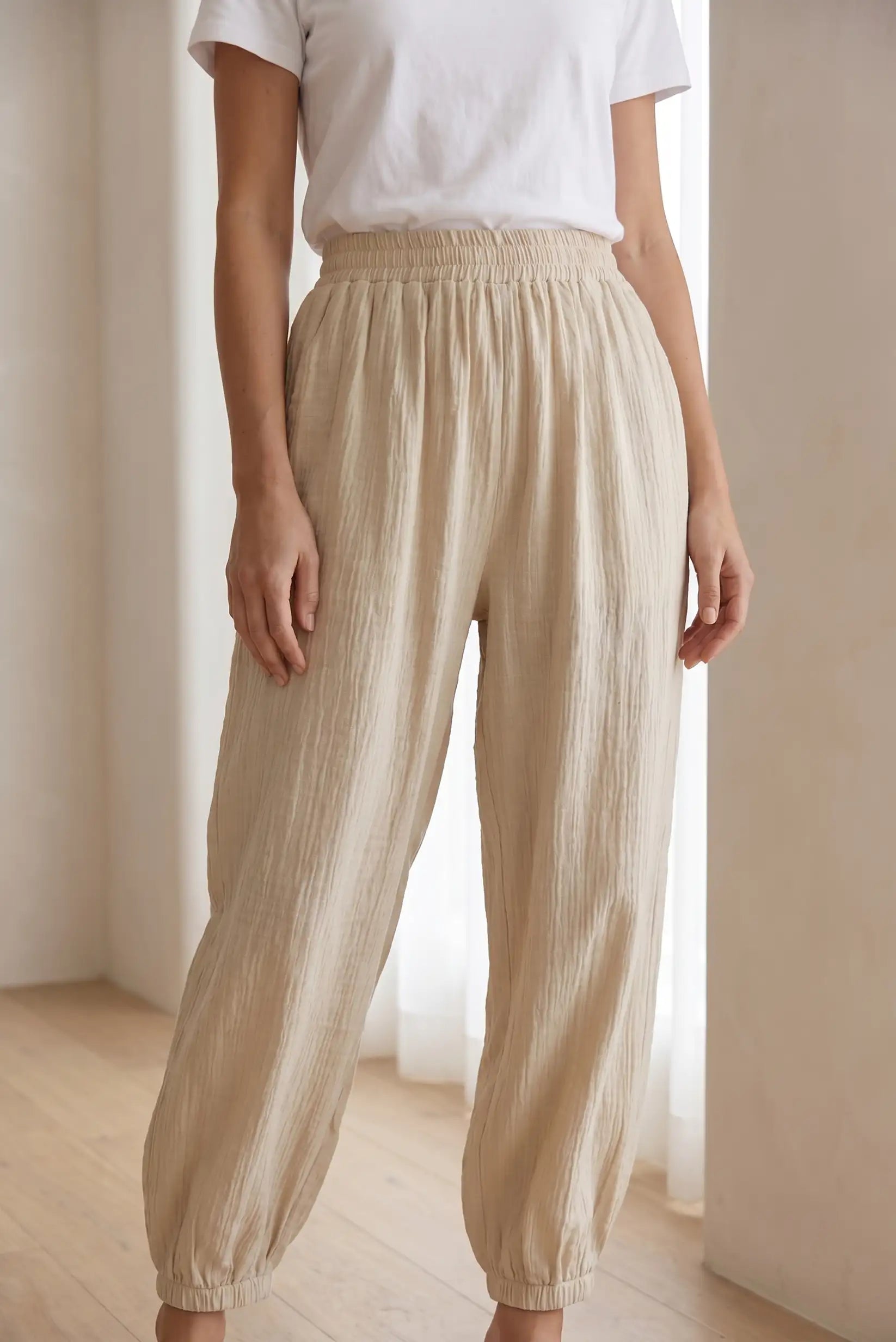 Pantalón Mujer Bombacho Largo Beige Claro Fluido Verano
