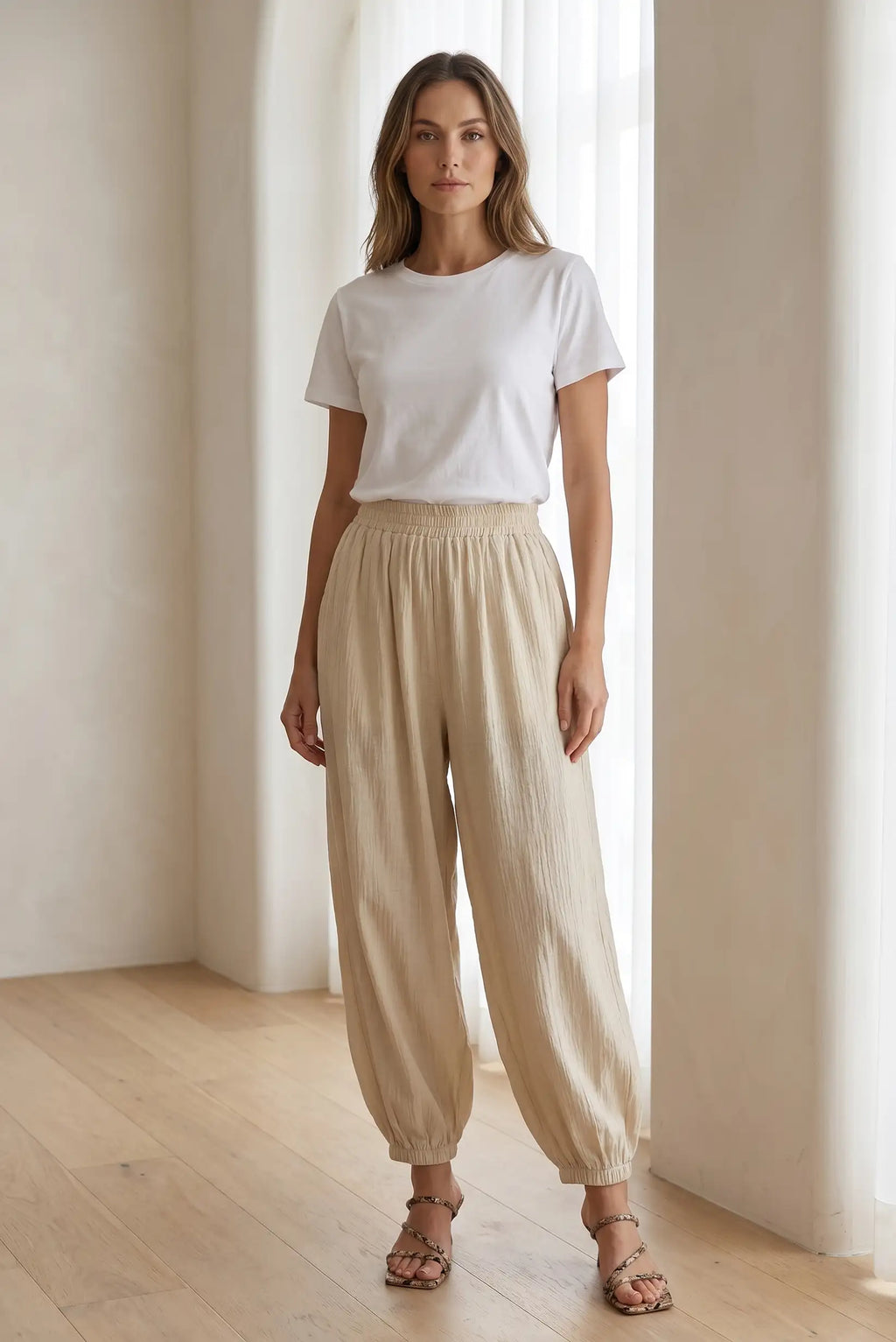 Pantalón Mujer Bombacho Largo Beige Claro Fluido Verano